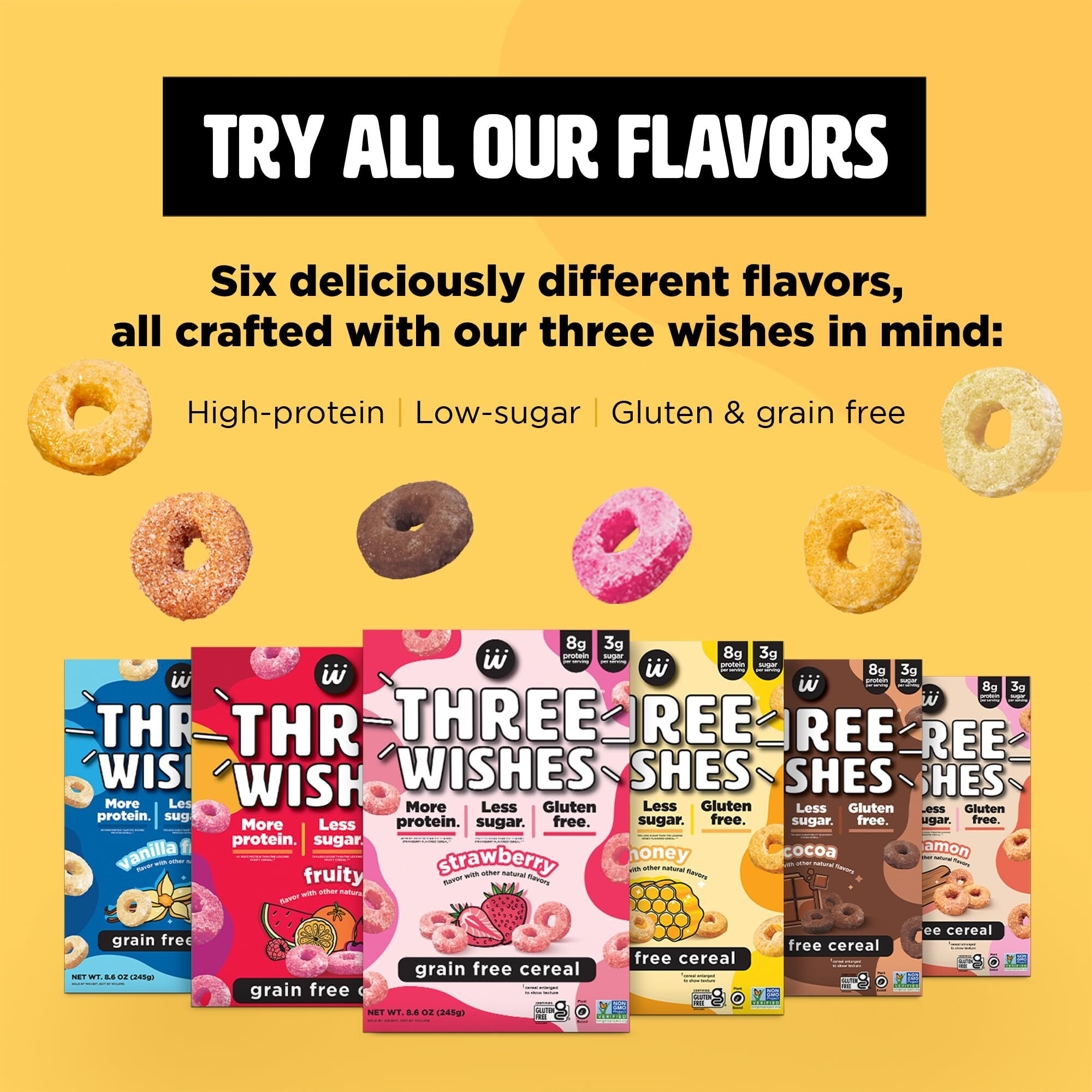 Protein And Gluten-Free Breakfast Cereal By Three Wishes - Variety Pack, 6 Pack - More Protein And Less Sugar Snack - Kosher, Vegan - Frosted, Fruity, Cocoa, Strawberry, Honey & Cinnamon