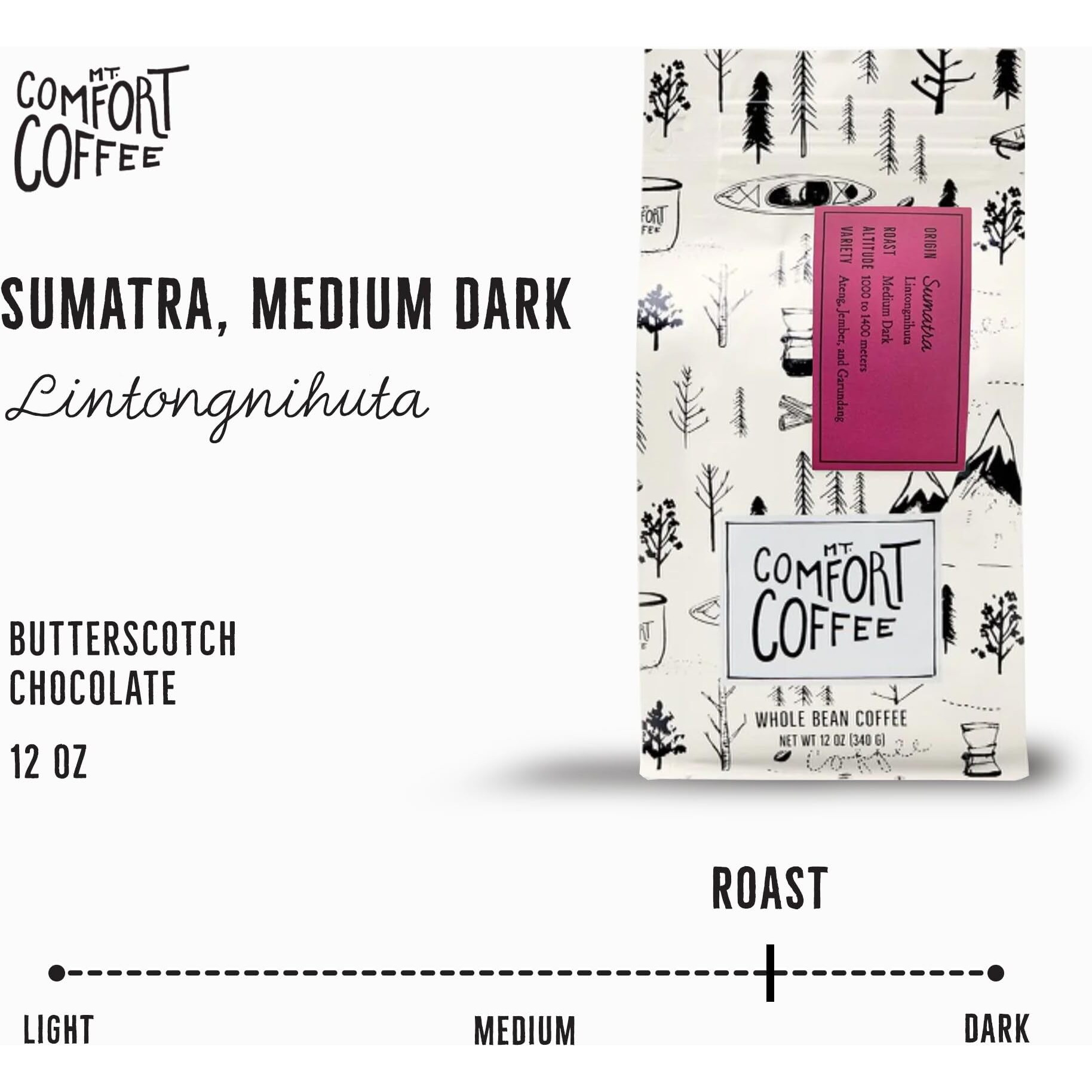 Mt. Comfort Coffee Sumatra Medium Dark Roast, 12 Ounce - Flavor Notes Of Butterscotch And Chocolate - Sourced From Small, Indonesian Coffee Farms - Roasted Whole Beans
