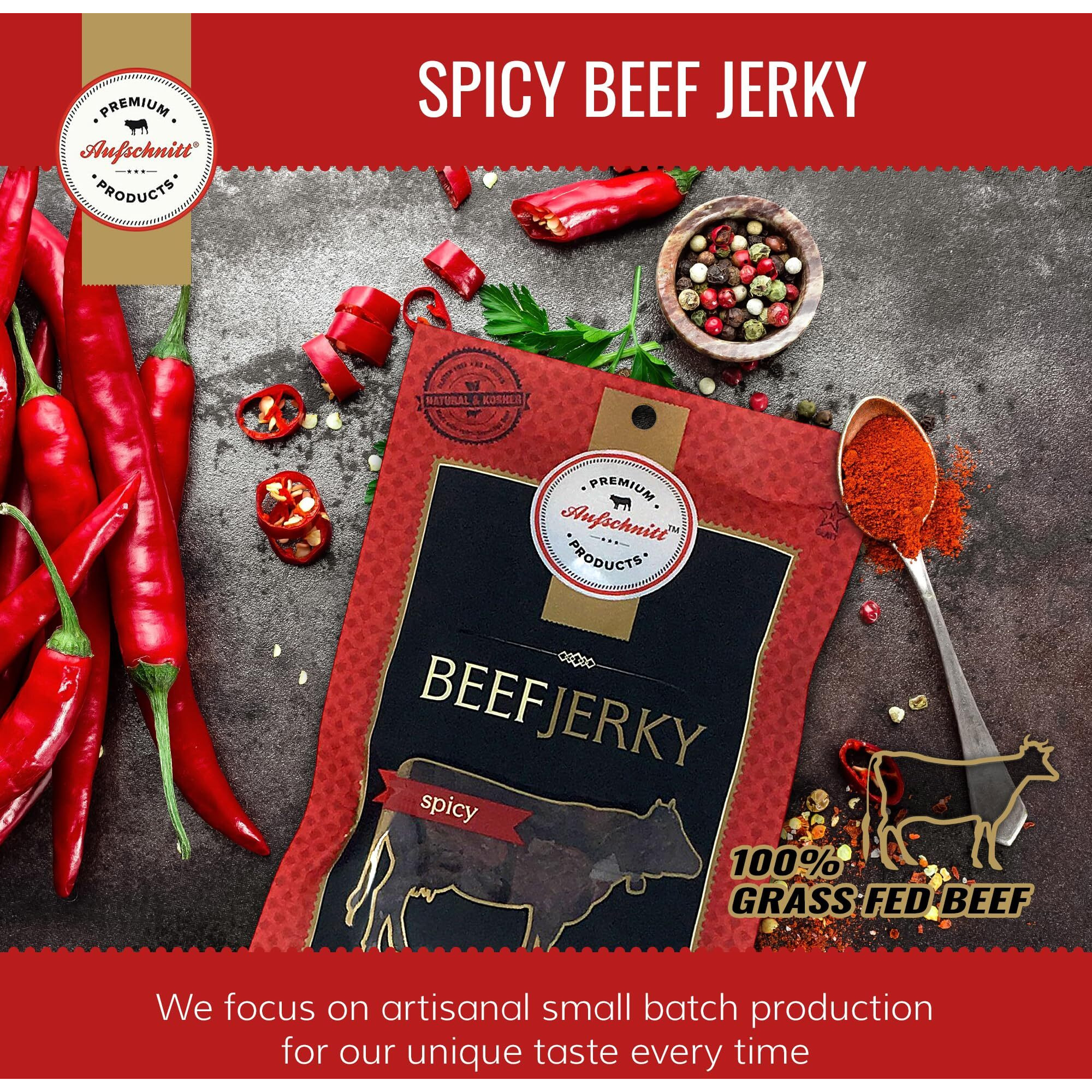 Aufschnitt Grass Fed Beef Jerky - Low Sodium, Certified Kosher - Made In Usa - Keto & Halal Friendly - 24 Pack, Spicy