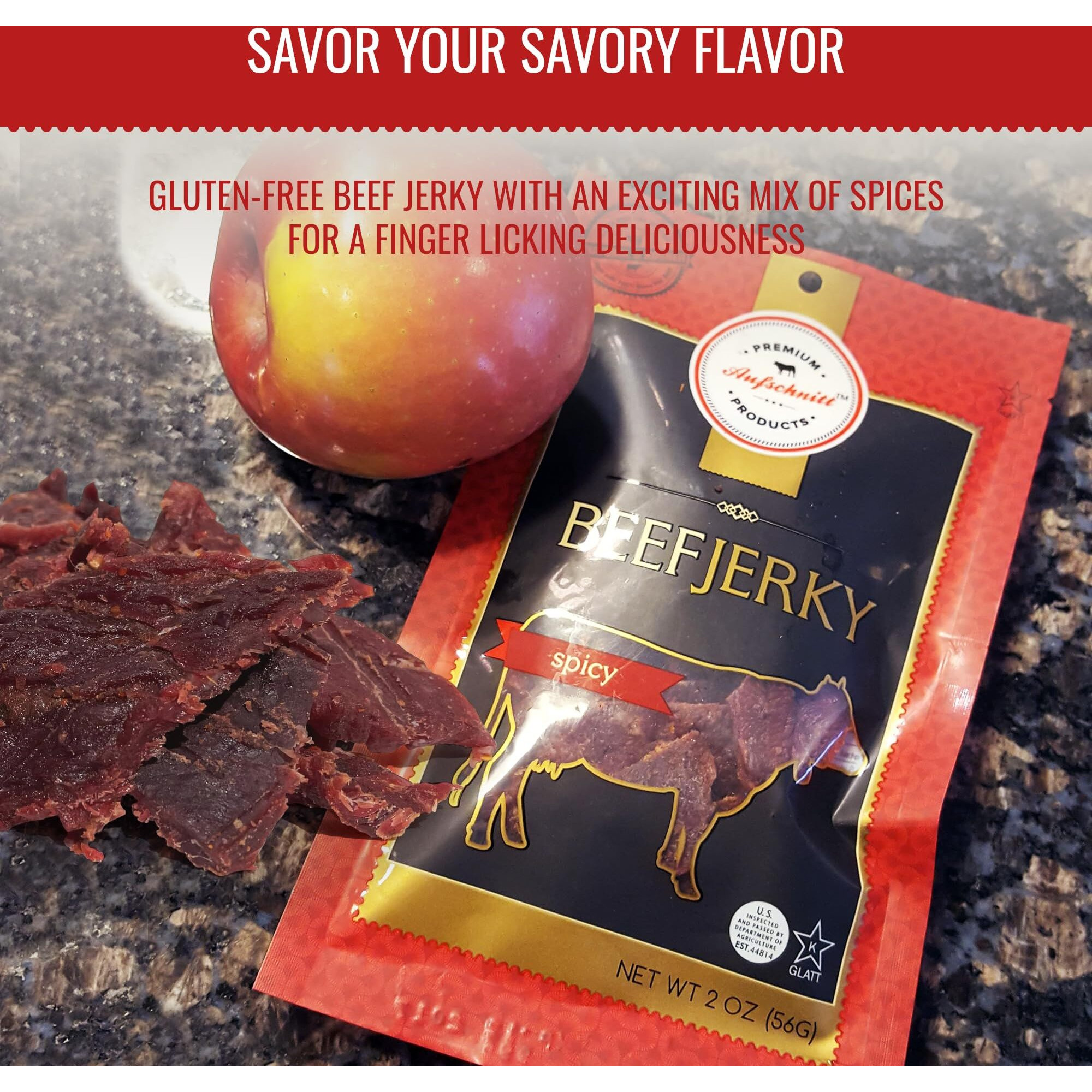 Aufschnitt Grass Fed Beef Jerky - Low Sodium, Certified Kosher - Made In Usa - Keto & Halal Friendly - 24 Pack, Spicy