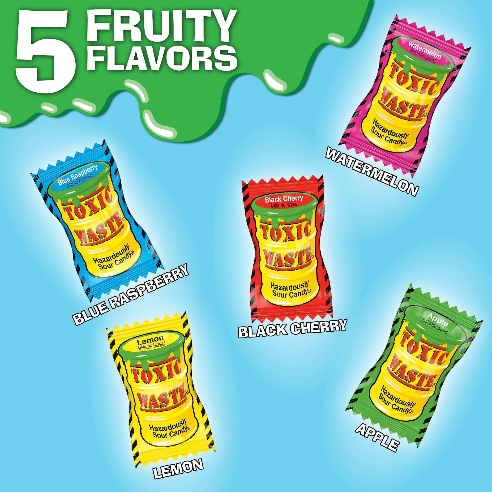 Toxic Waste | 1 Pound Bag Assortment Of Toxic Waste Sour Candy - 5 Flavors Apple, Watermelon, Lemon, Blue Raspberry, And Black Cherry