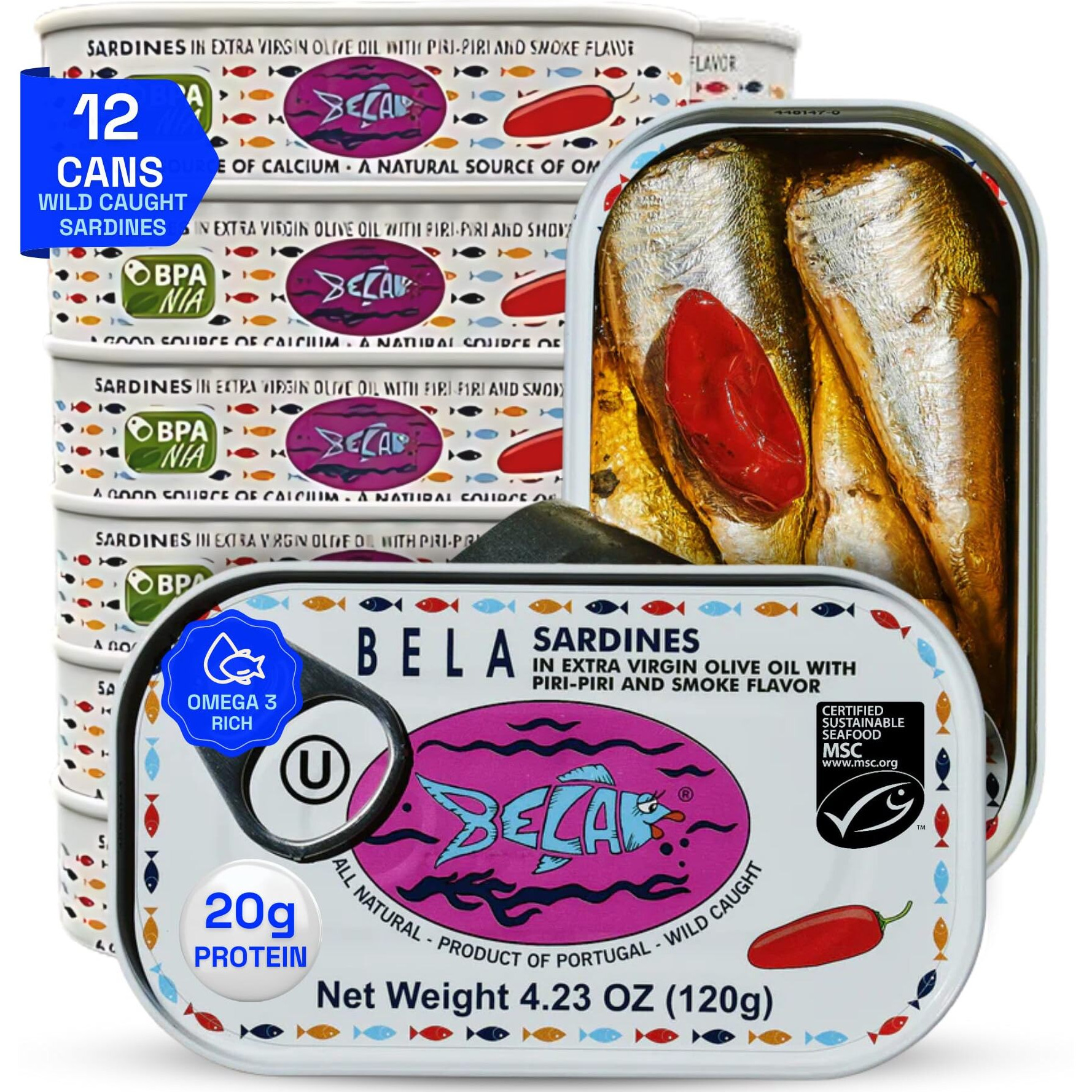 Bela Wild Caught Portuguese Sardines - Lightly Smoked And Marinated In Piri Piri Flavored Extra Virgin Olive Oil | 4.25 Oz (Pack Of 12) | All Natural, High Protein, Hand Selected, Sea Salted, & Omega 3 Rich