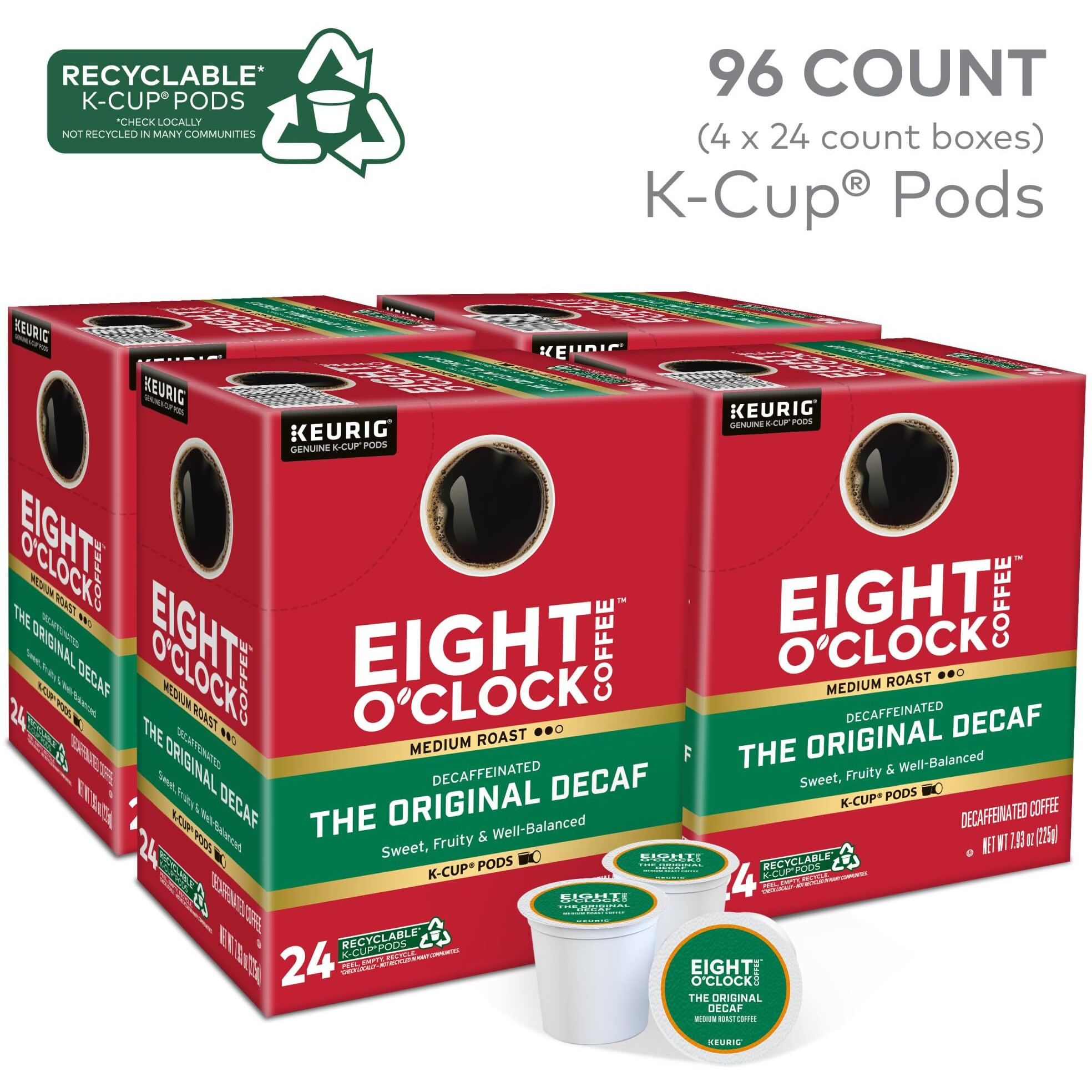 Eight O'Clock Coffee The Original Decaf, Single-Serve Coffee K-Cup Pods, Medium Roast, 24 K-Cup Pods (Pack Of 4)