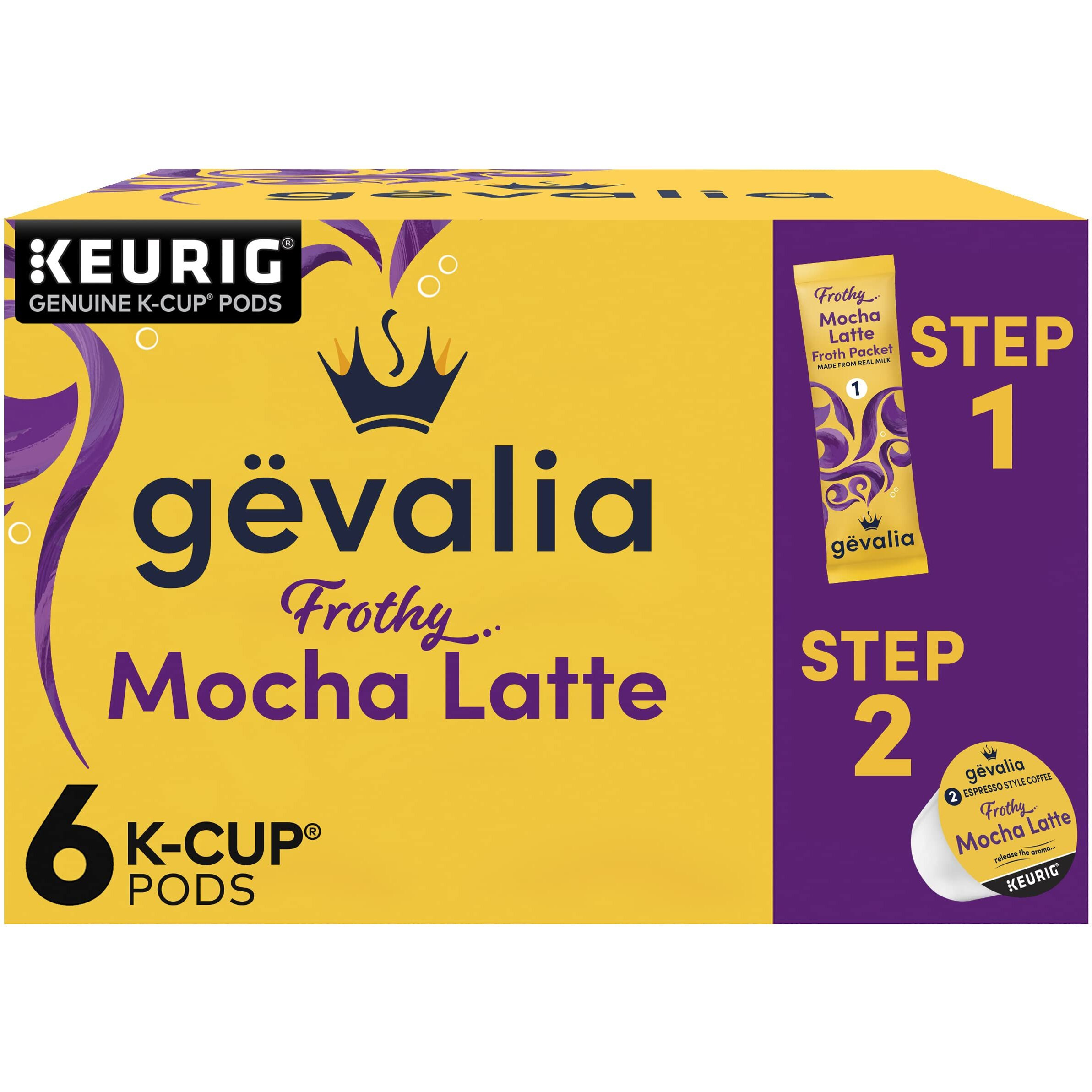 Gevalia Frothy 2-Step Mocha Latte Espresso Keurig K-Cup Coffee Pods & Froth Packets Kit (6 Ct Box)