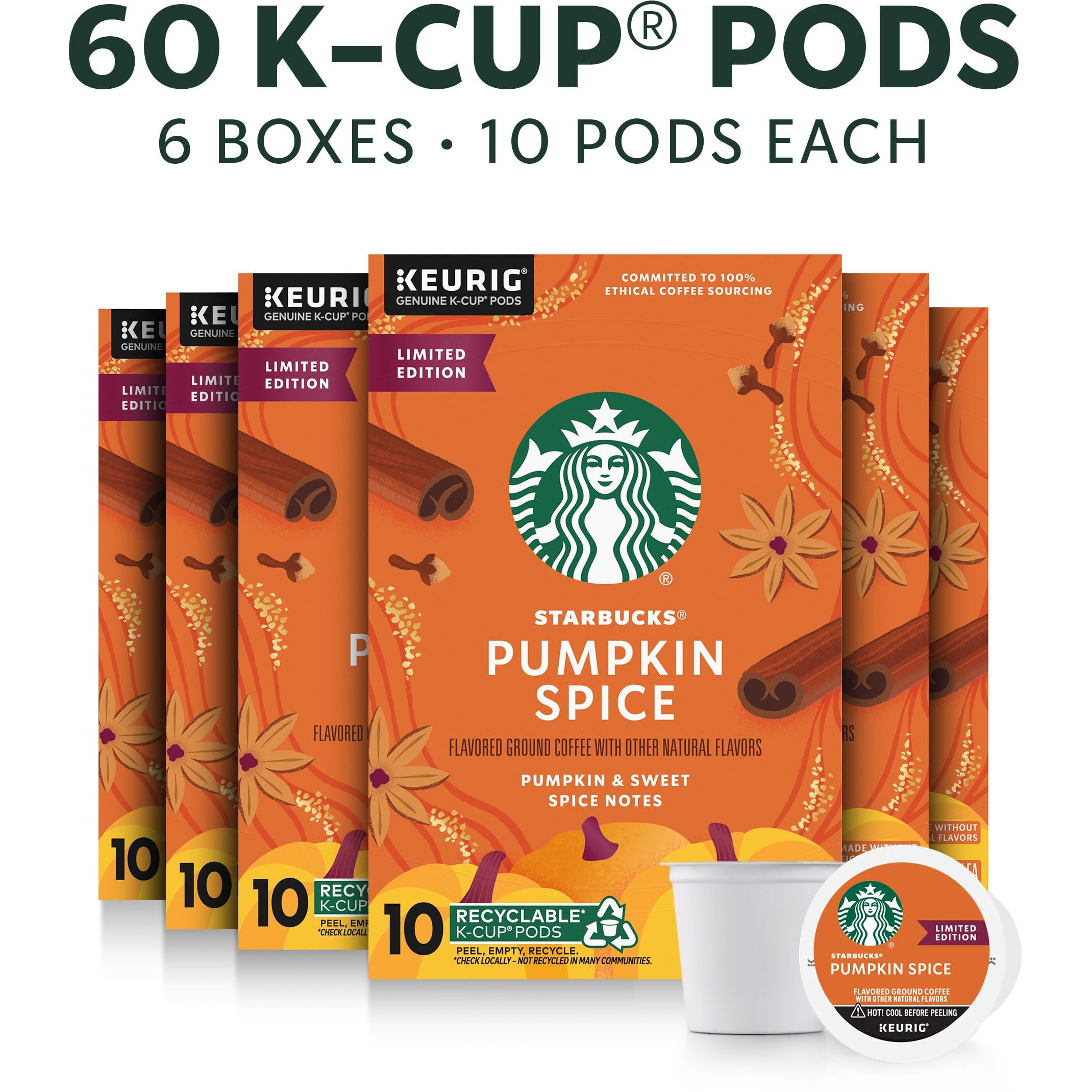 Starbucks K-Cup Coffee Pods, Pumpkin Spice Naturally Flavored Coffee For Keurig Brewers, 100% Arabica, Limited Edition, 6 Boxes (60 Pods Total)
