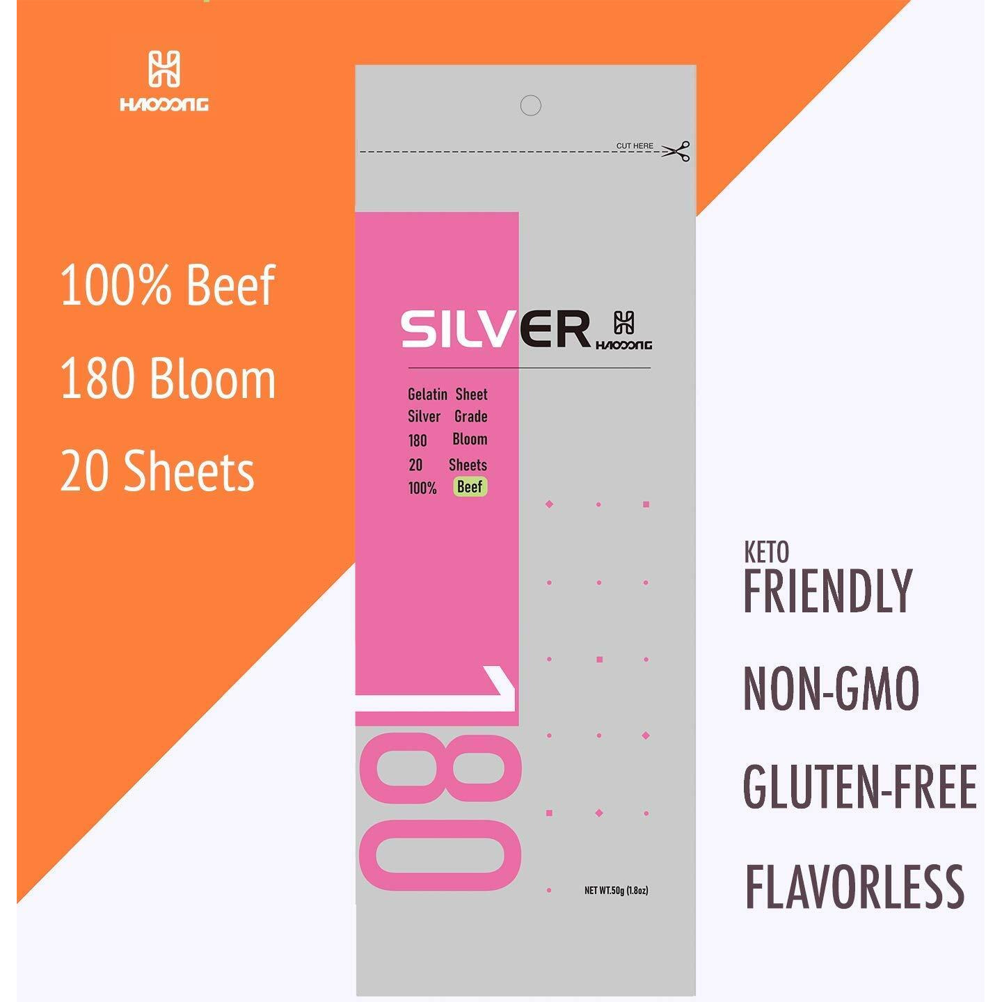 Haodong Beef Silver Leaf Gelatin Sheets - 180 Bloom (20 Sheets, 50G) - Gelatin Leaves For Baking And Cooking Mirror Glaze Dessert Jellies Mousse Cake
