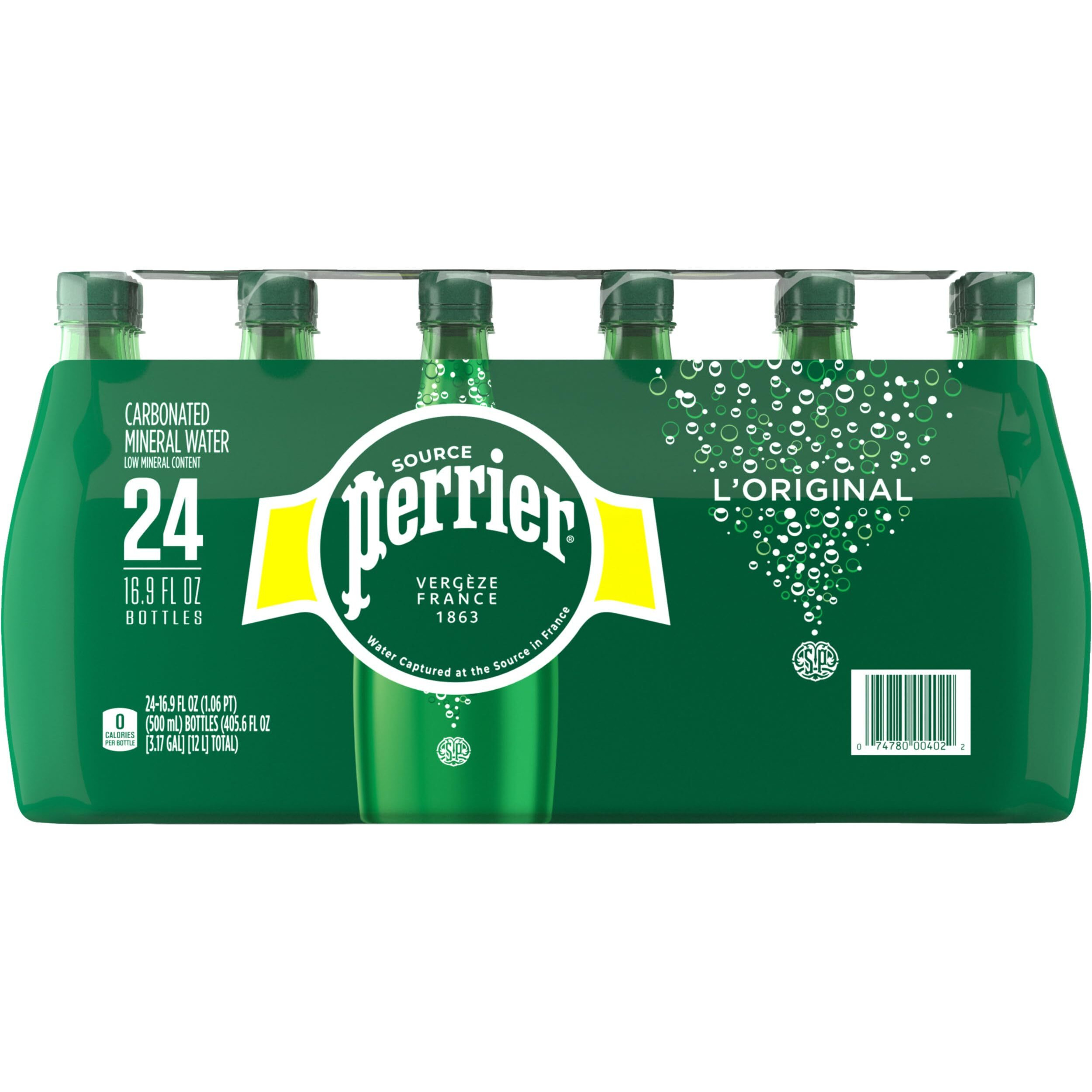 Perrier Carbonated Mineral Water Plastic Bottles, Original, 16.9 Fl Oz (Pack Of 24), 405.6 Fl Oz