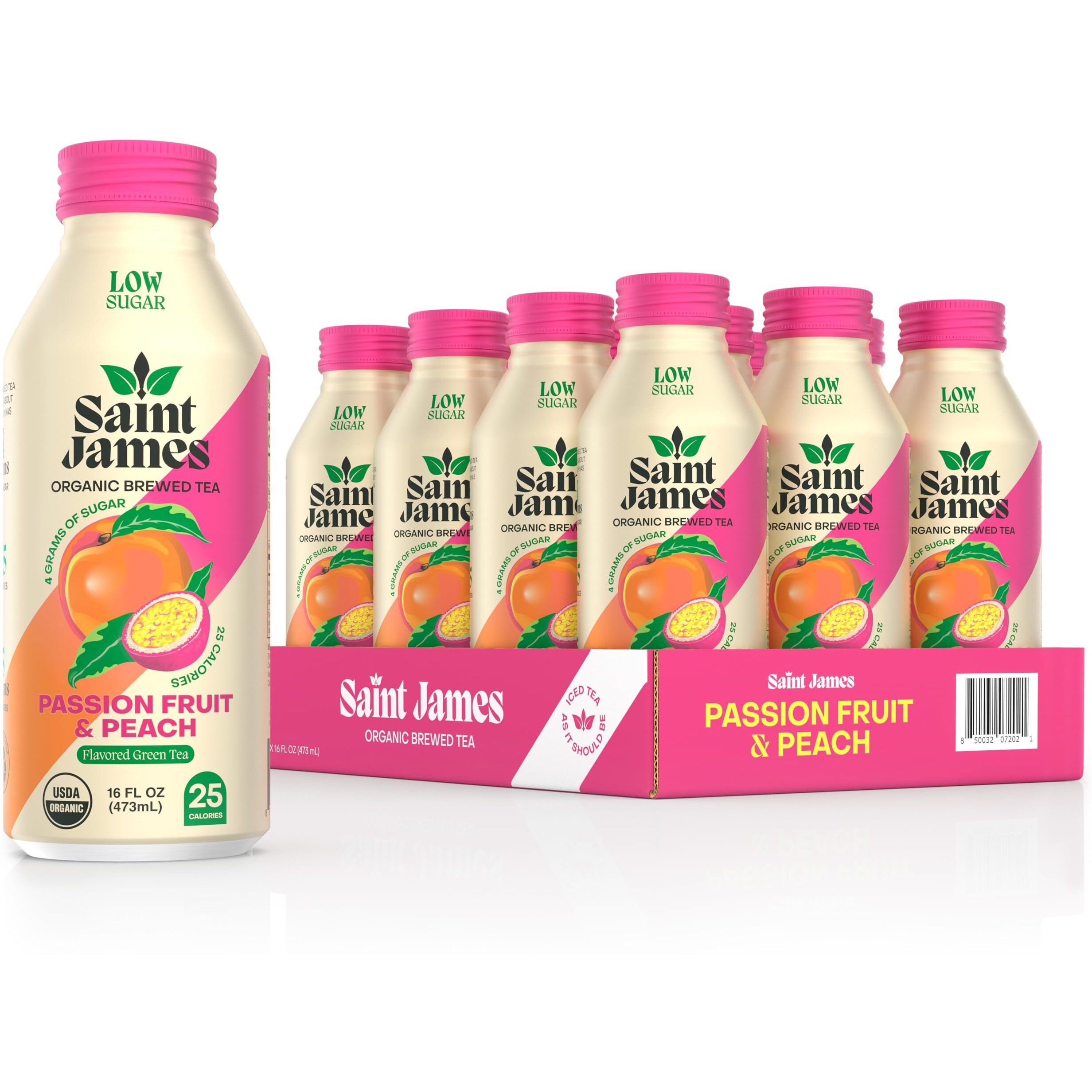 Saint James Iced Tea - Organic Green Tea - Non Gmo, Gluten Free, Low Calorie & Low Sugar - Passion Fruit & Peach, 12 Pack (16 Fl Oz Each)
