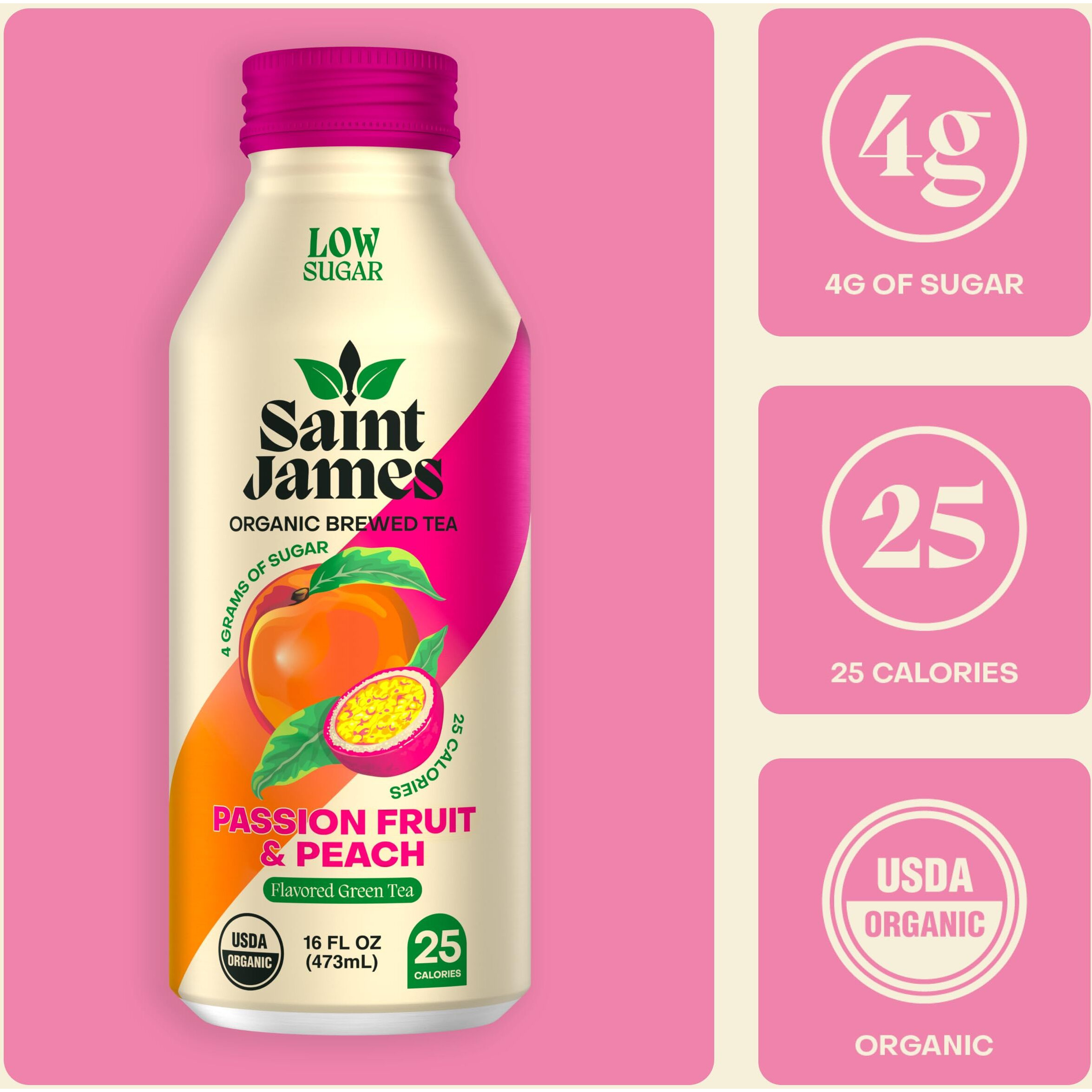 Saint James Iced Tea - Organic Green Tea - Non Gmo, Gluten Free, Low Calorie & Low Sugar - Passion Fruit & Peach, 12 Pack (16 Fl Oz Each)