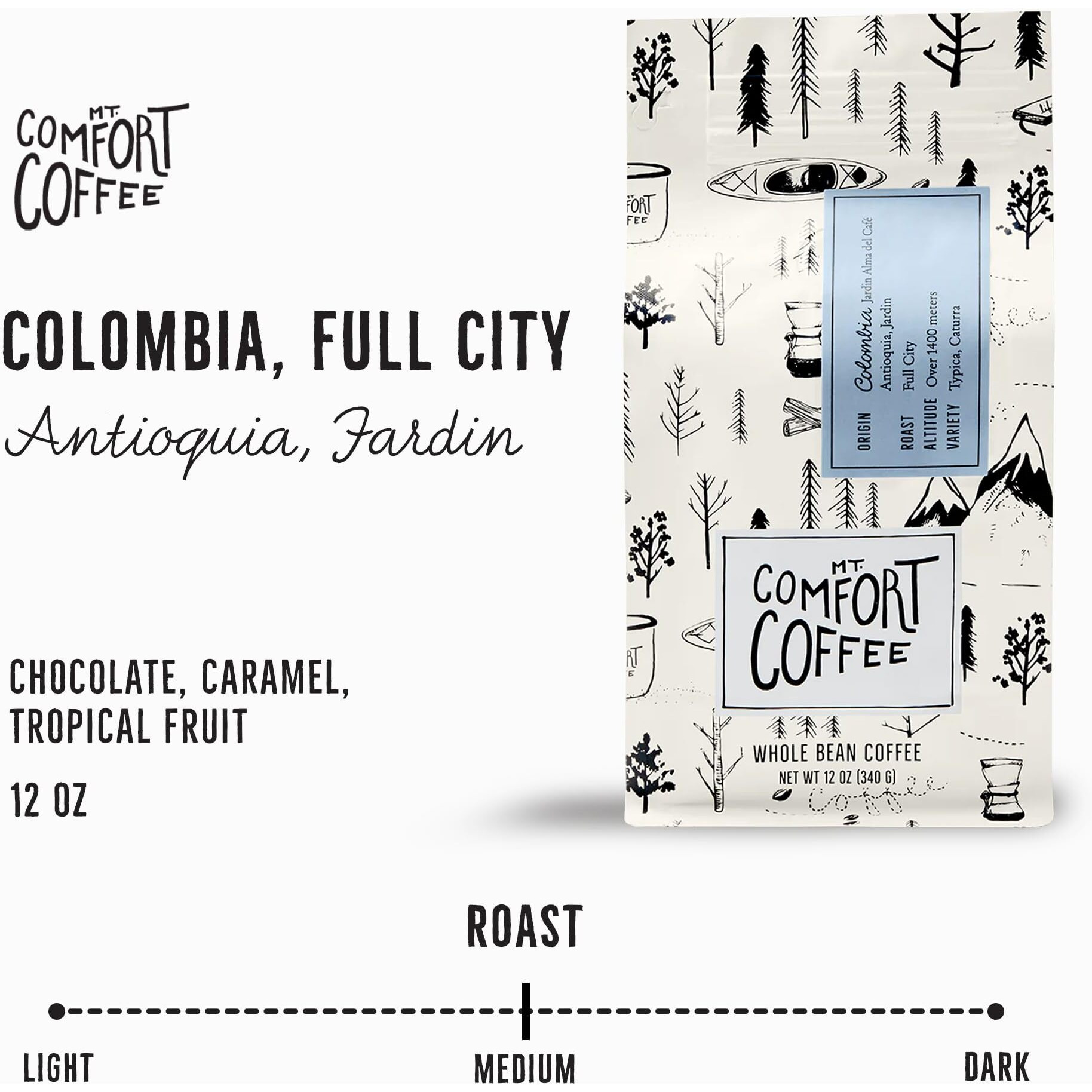 Mt Comfort Coffee Colombia Full City Roast, 12 Oz Bag - Bold & Robust Arabica Beans From Colombia, Full City Roasted For Rich Flavor - Sourced From Small, Colombian Coffee Farms - Roasted Whole Beans