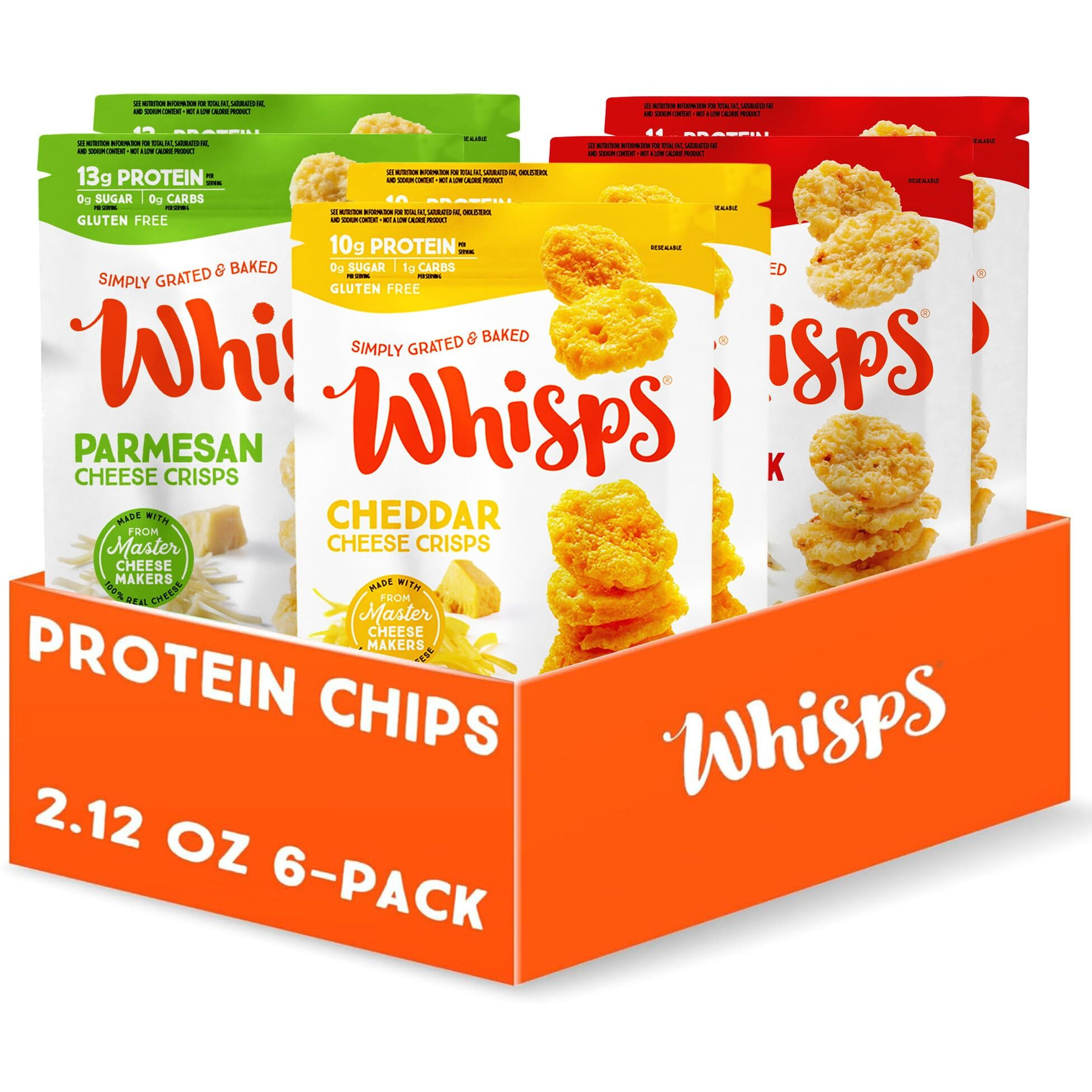 Whisps Cheese Crisps Variety Pack | Protein Chips | Healthy Snacks | Protein Snacks, Gluten Free, High Protein, Low Carb Keto Food | Parmesan, Cheddar Cheese, Asiago, Pepper Jack (2.12 Oz, 6 Pack)