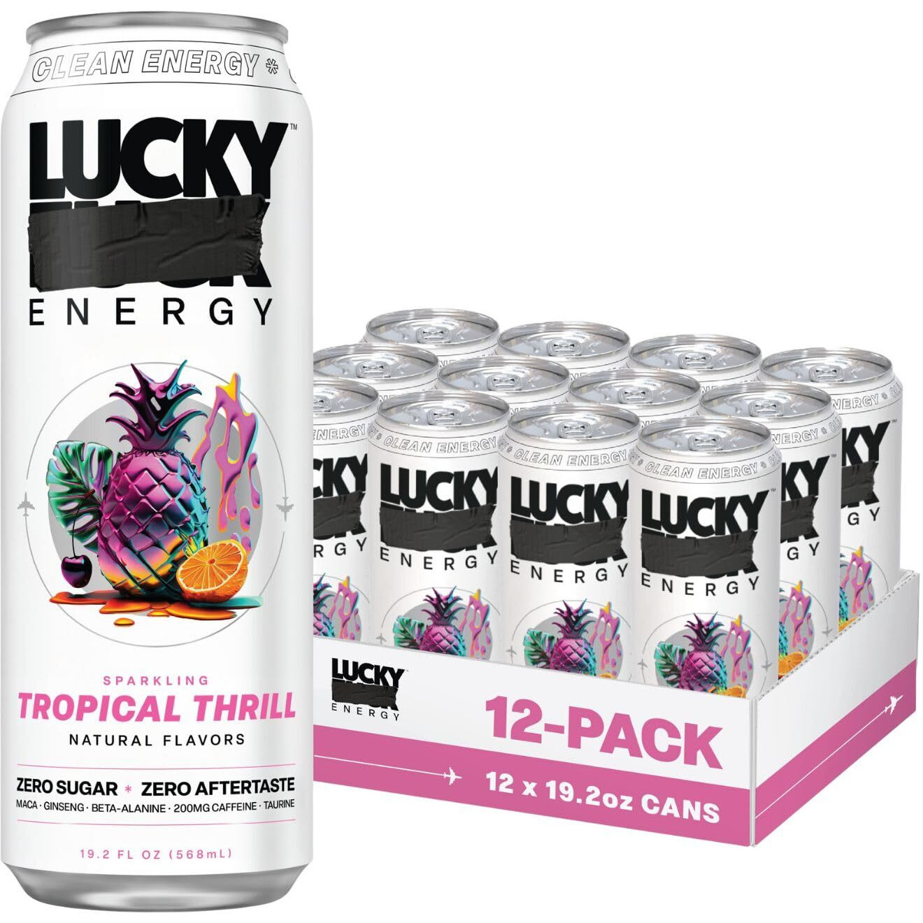 Lucky Energy Sugar Free Energy Drinks 19.2 Fl Oz Cans (Pack Of 12) Healthy Energy Drink. Tropical Thrill With Maca, Ginseng, Taurine, Beta-Alanine, 200Mg Caffeine (Packaging May Vary)