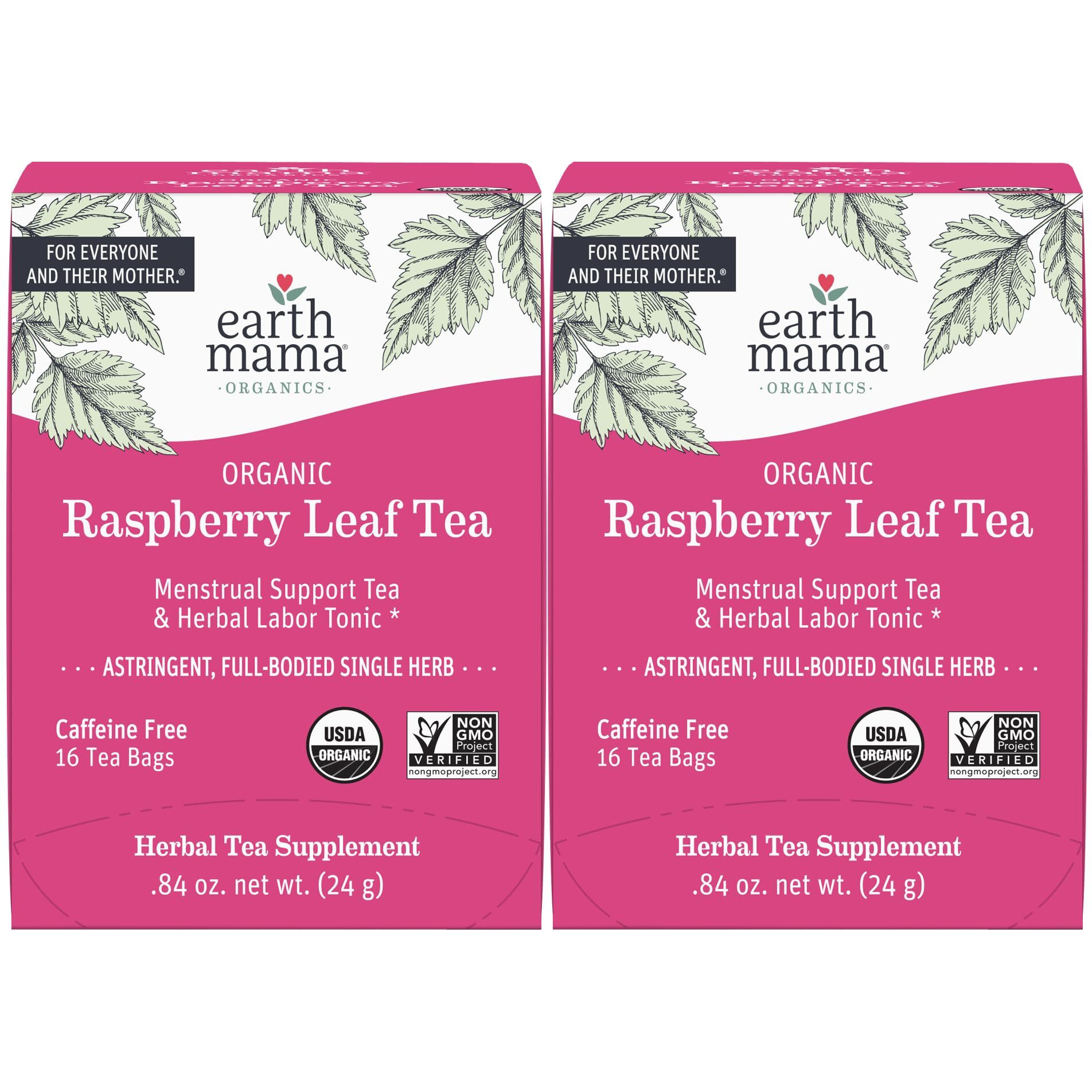 Earth Mama Organic Raspberry Leaf Tea Bags | Labor Tonic & Menstrual Support Herbal Tea For Pregnancy & Postpartum Care Recovery, Caffeine Free, Non-Gmo (16-Teabags, 2-Pk)