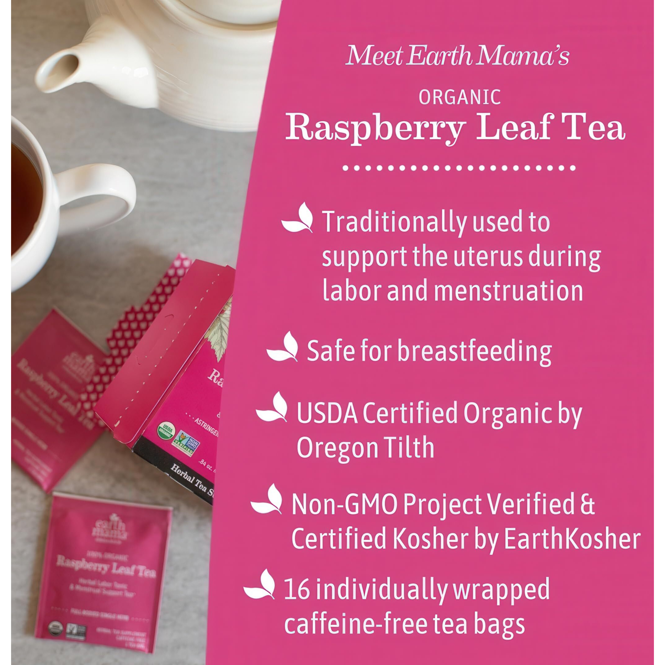 Earth Mama Organic Raspberry Leaf Tea Bags | Labor Tonic & Menstrual Support Herbal Tea For Pregnancy & Postpartum Care Recovery, Caffeine Free, Non-Gmo (16-Teabags, 2-Pk)