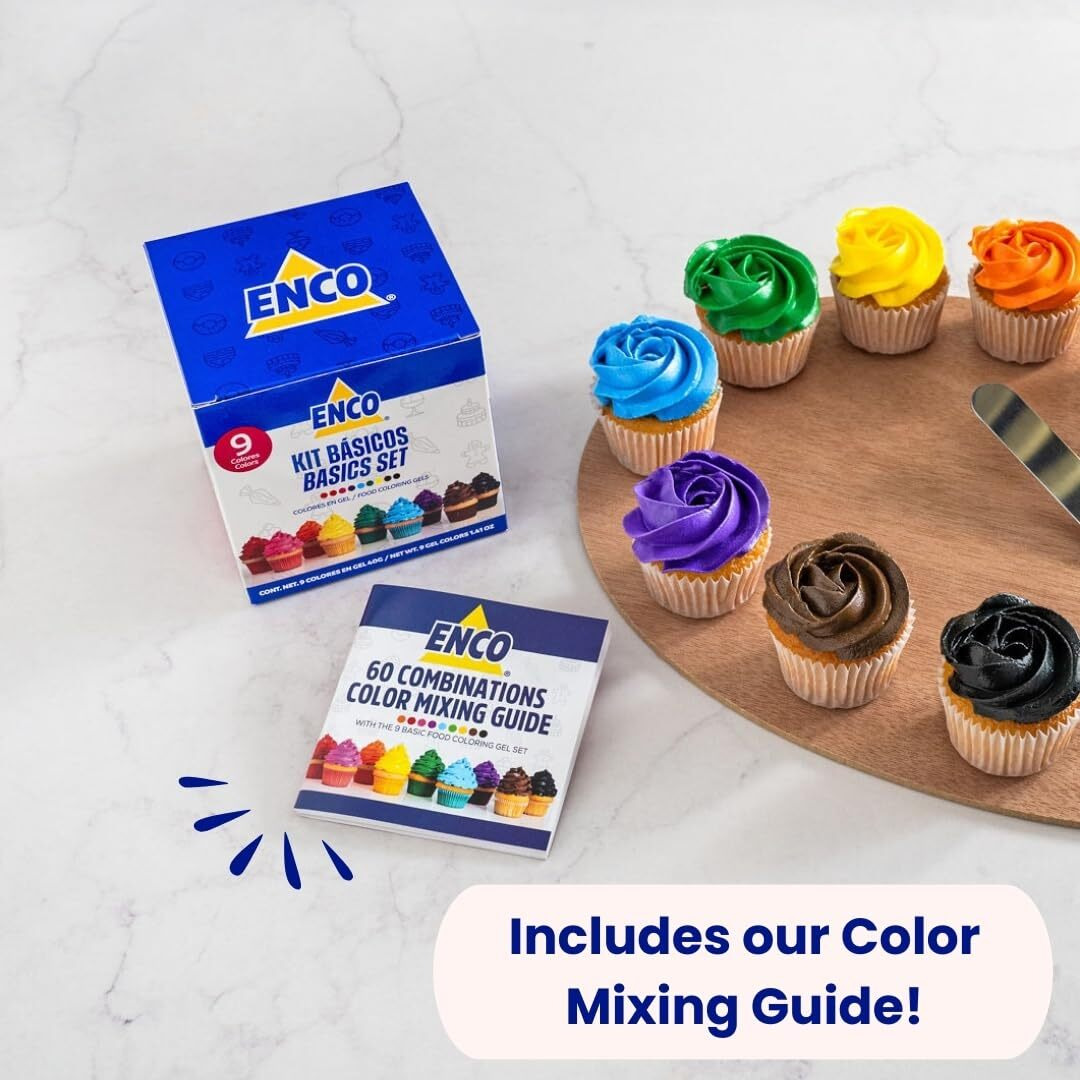 Enco 9 Basic Food Coloring Gel Set 1.41 Oz Each (40 G) Concentrated, Vegan, Includes Color Mixing Guide