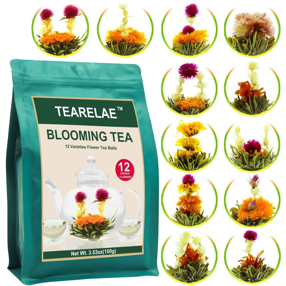 Tearelae Blooming Tea Flowers - 12Pcs Individually Sealed Flowering Tea Balls - Hand-Tied Natural Green Tea Leaves & Edible Flowers - Gifts For Tea Lovers