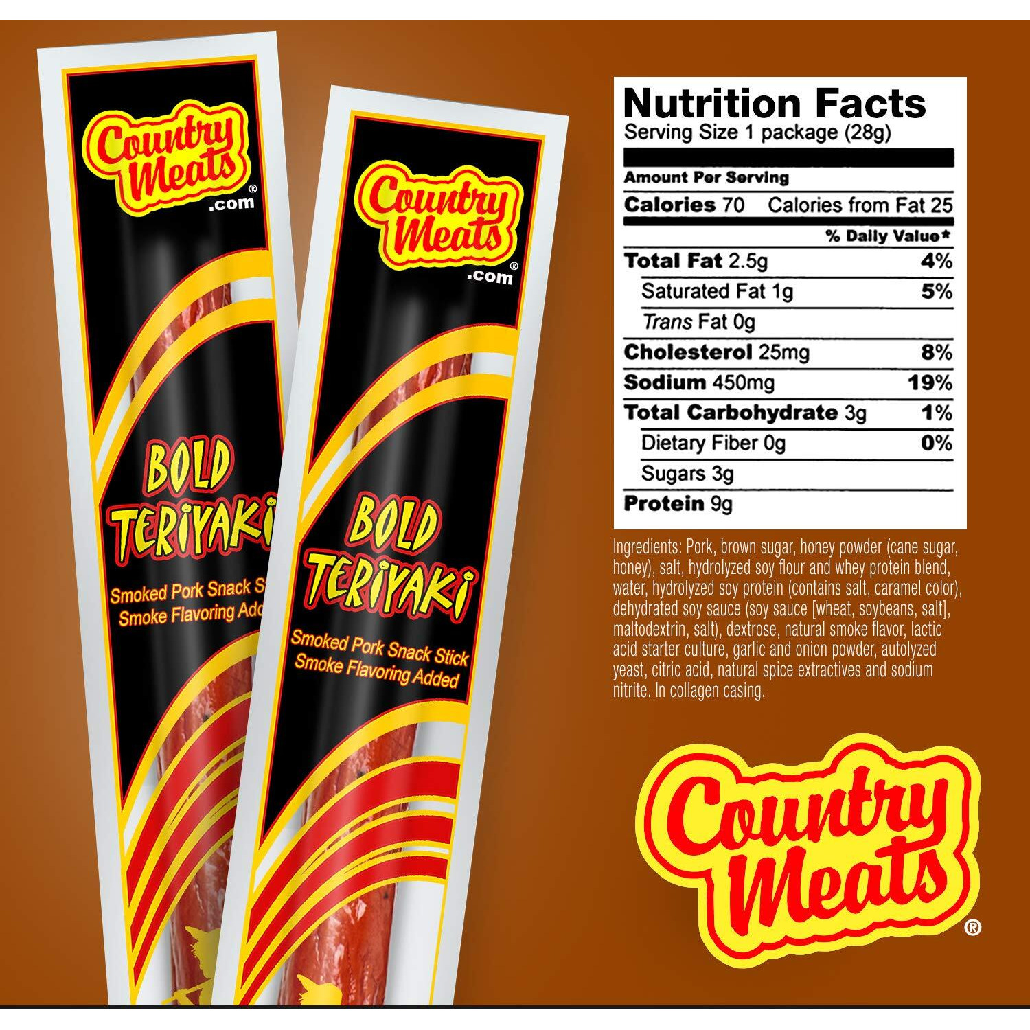 Country Meats, Meat Sticks, 0 Trans Fat, Usda Certified, Good Source Of Protein, Carb Conscious Snack (10 Meat Sticks, Bold Teriyaki)