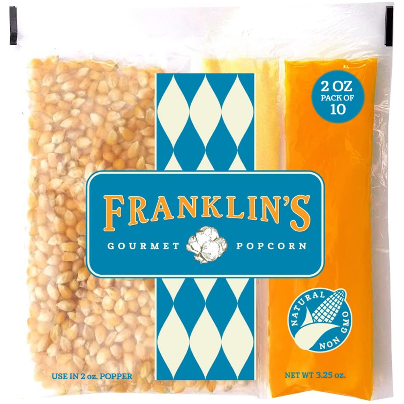 Franklin's Gourmet Popcorn All-In-One Popcorn Packs For Popcorn Machine - 2Oz Pack Of 10 - Packs Of Organic Corn Kernels With Buttery Salt & Oil | Made In Usa
