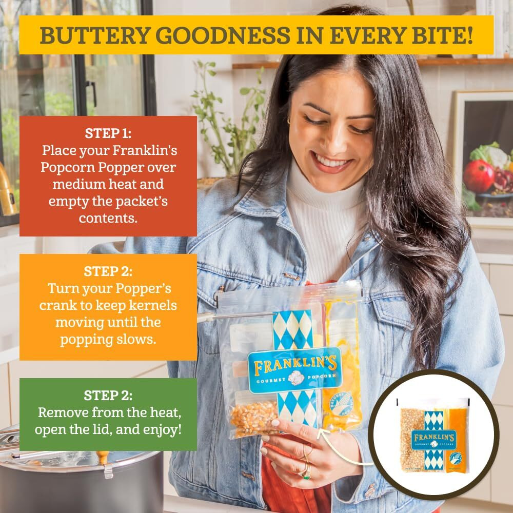 Franklin's Gourmet Popcorn All-In-One Popcorn Packs For Popcorn Machine - 2Oz Pack Of 10 - Packs Of Organic Corn Kernels With Buttery Salt & Oil | Made In Usa