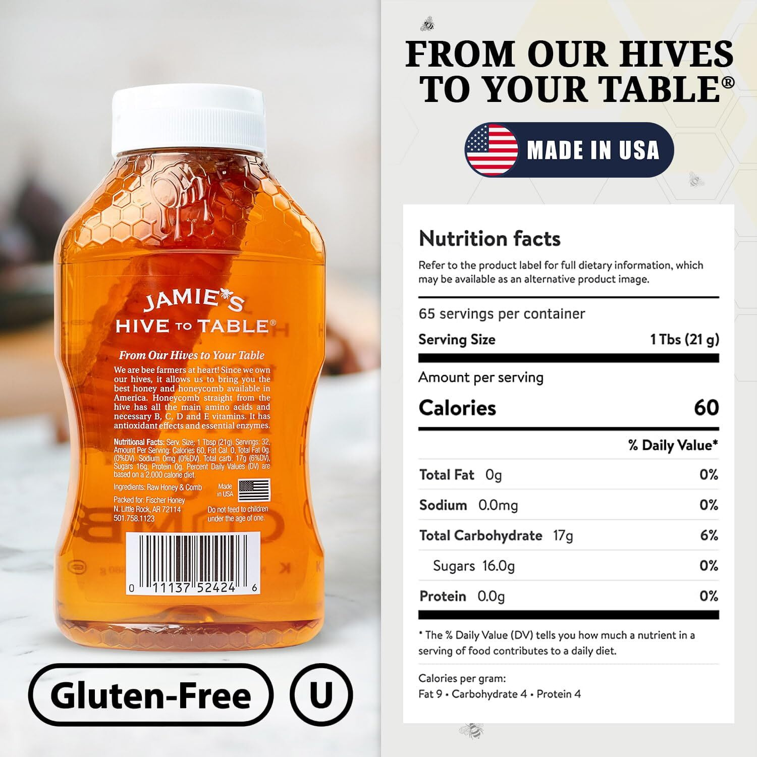 Jamies Hive To Table Pure Local Honey & Wildflower - Raw And Unfiltered Honey & Honeycomb - All-Natural Sweetener- Rich Flavor Profile - 24Oz Squeeze Bottle, 2 Pack