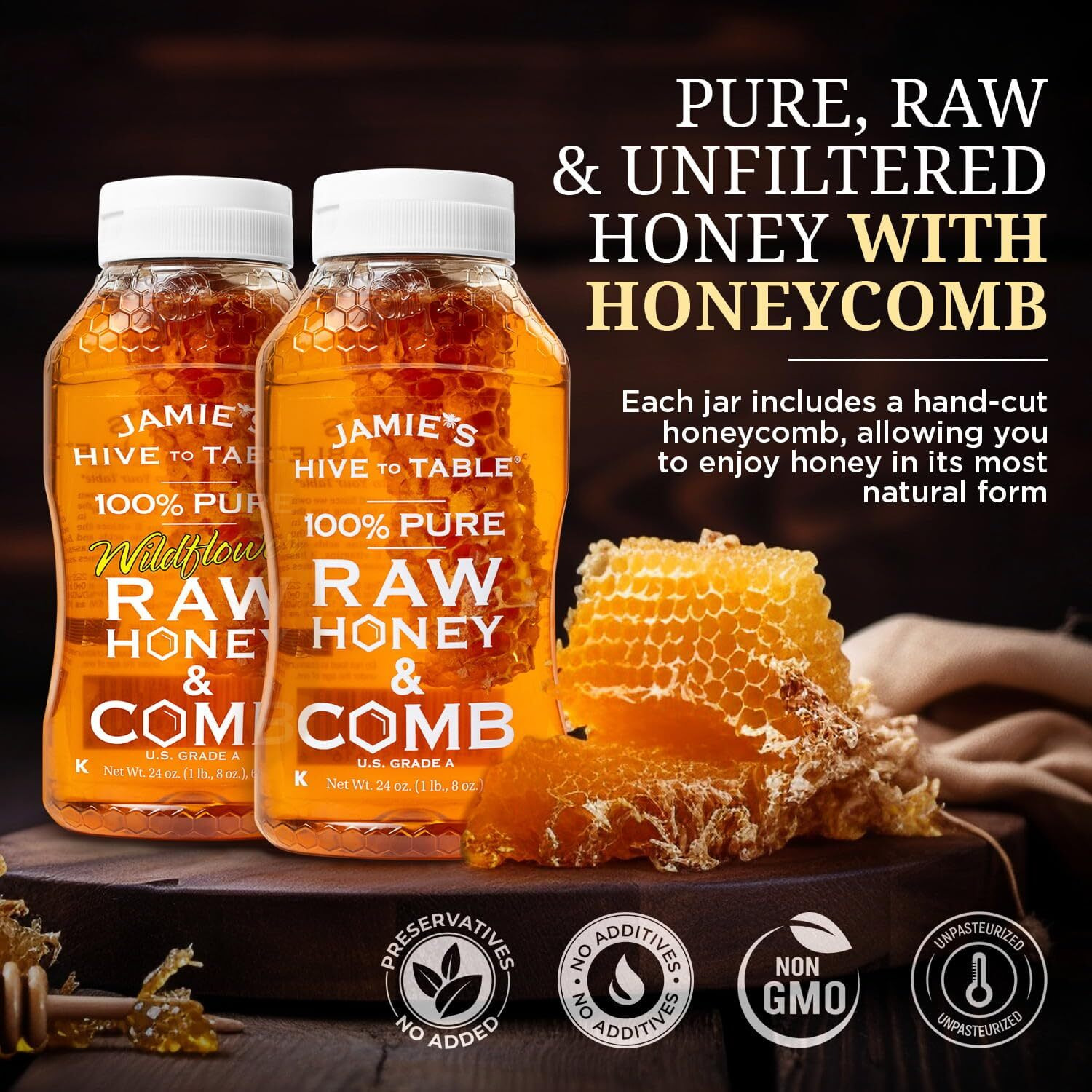 Jamies Hive To Table Pure Local Honey & Wildflower - Raw And Unfiltered Honey & Honeycomb - All-Natural Sweetener- Rich Flavor Profile - 24Oz Squeeze Bottle, 2 Pack