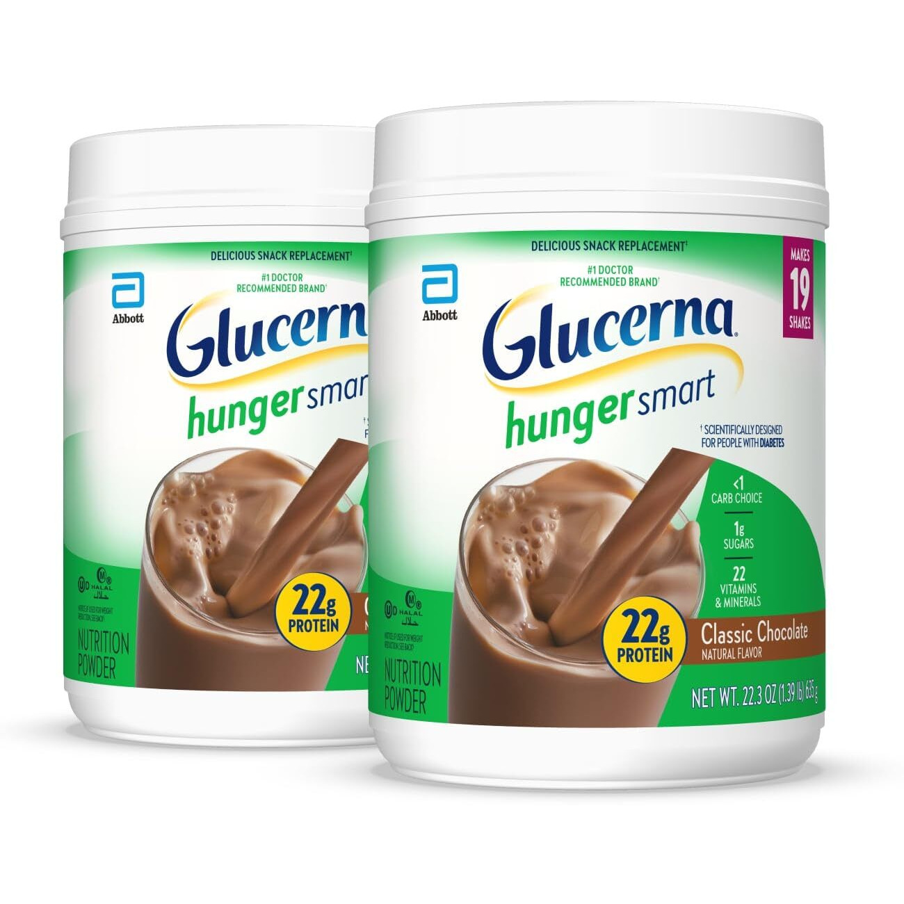 Glucerna Hunger Smart Powder, Diabetic Drink To Support Blood Sugar Management, 22G Protein, 130 Calories, Classic Chocolate, 22.3-Oz Tub, 2 Count