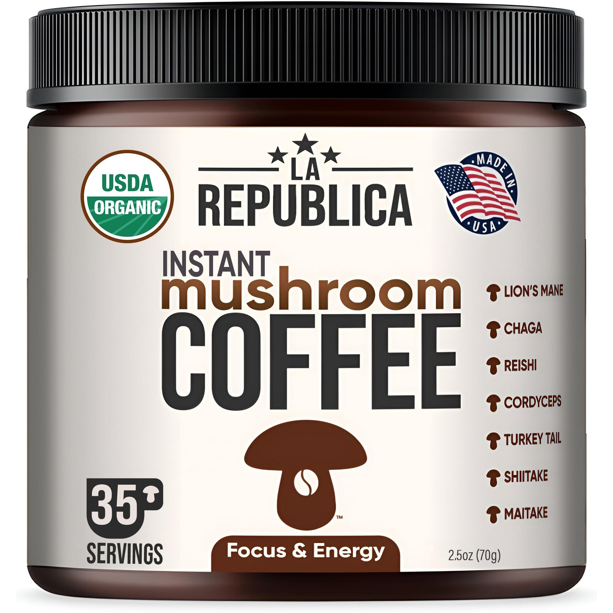 La Republica Instant Mushroom Coffee Organic (35 Servings), 100% Arabica Coffee With Full-Fruiting Lion's Mane, Reishi, Chaga, Cordyceps, Shiitake, Maitake, Turkey Tail