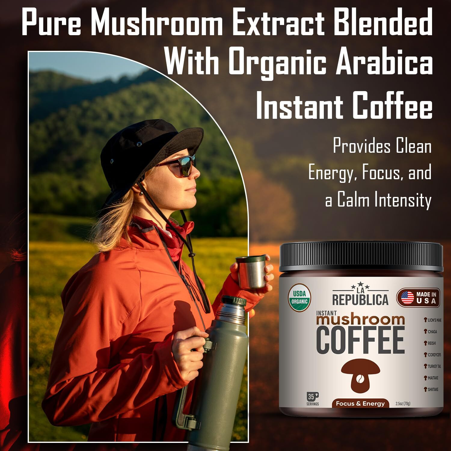 La Republica Instant Mushroom Coffee Organic (35 Servings), 100% Arabica Coffee With Full-Fruiting Lion's Mane, Reishi, Chaga, Cordyceps, Shiitake, Maitake, Turkey Tail