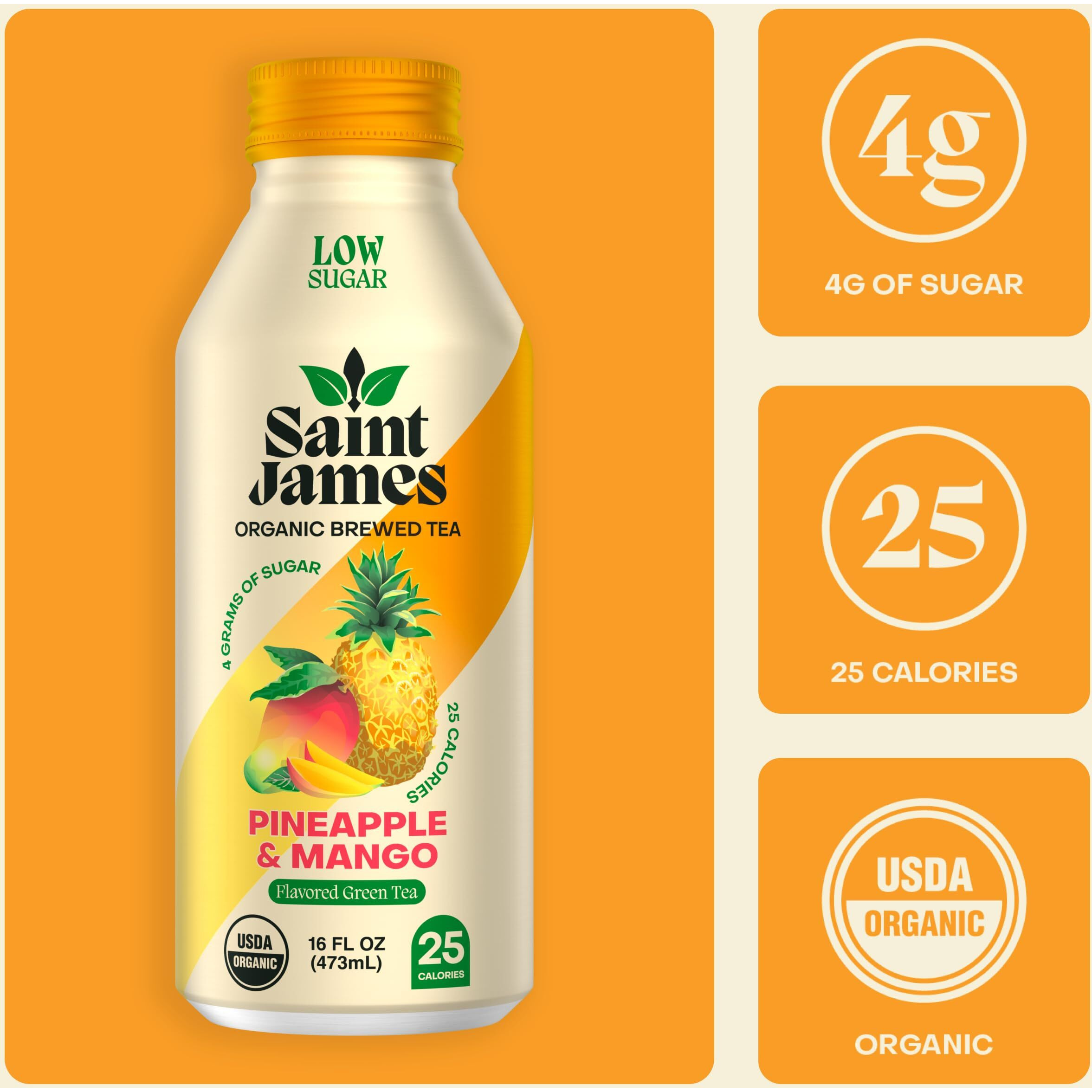 Saint James Iced Tea - Organic Green Tea - Non Gmo, Gluten Free, Low Calorie & Low Sugar - Pineapple & Mango, 12 Pack (16 Fl Oz Each)