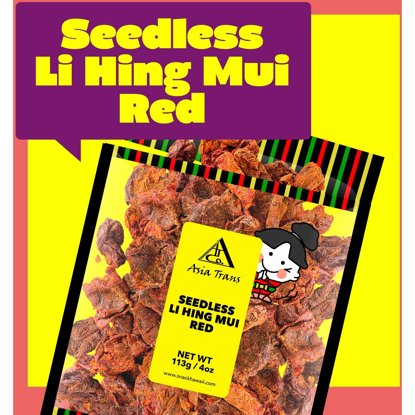 Asia Trans Seedless Red Li Hing Mui Crack Seed Plums | Hawaiian Favorite | Sweet, Sour, & Salty Dried Asian Plum Candy
