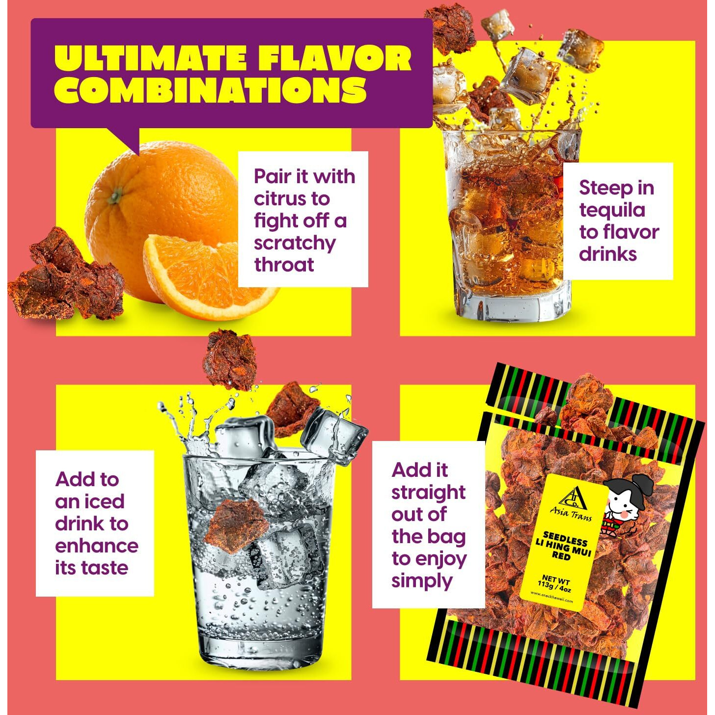 Asia Trans Seedless Red Li Hing Mui Crack Seed Plums | Hawaiian Favorite | Sweet, Sour, & Salty Dried Asian Plum Candy