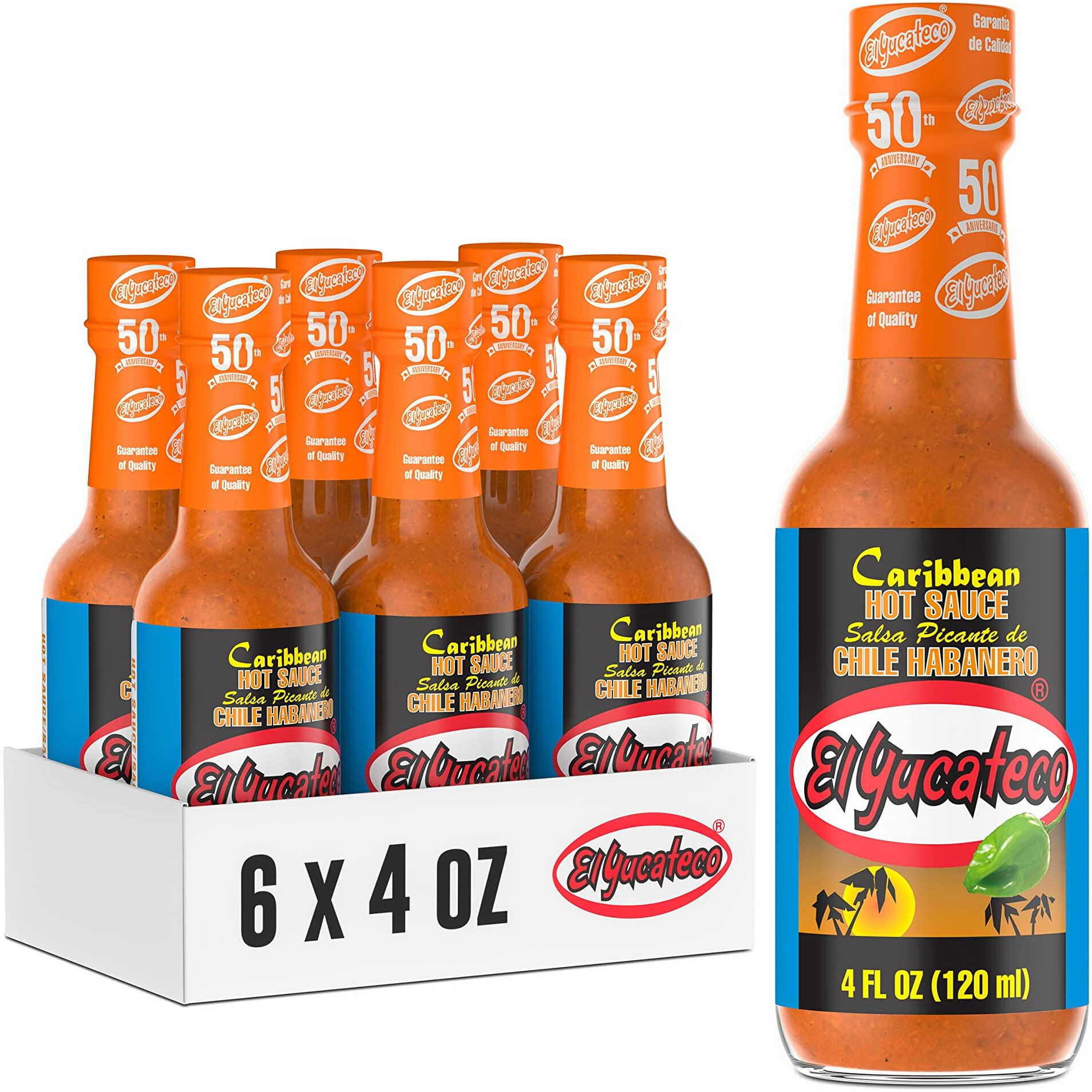 El Yucateco Caribbean Habanero Sauce, 4 Oz., 6 Pack, 7,000 Average Scoville Units, Gluten Free, Sugar Free