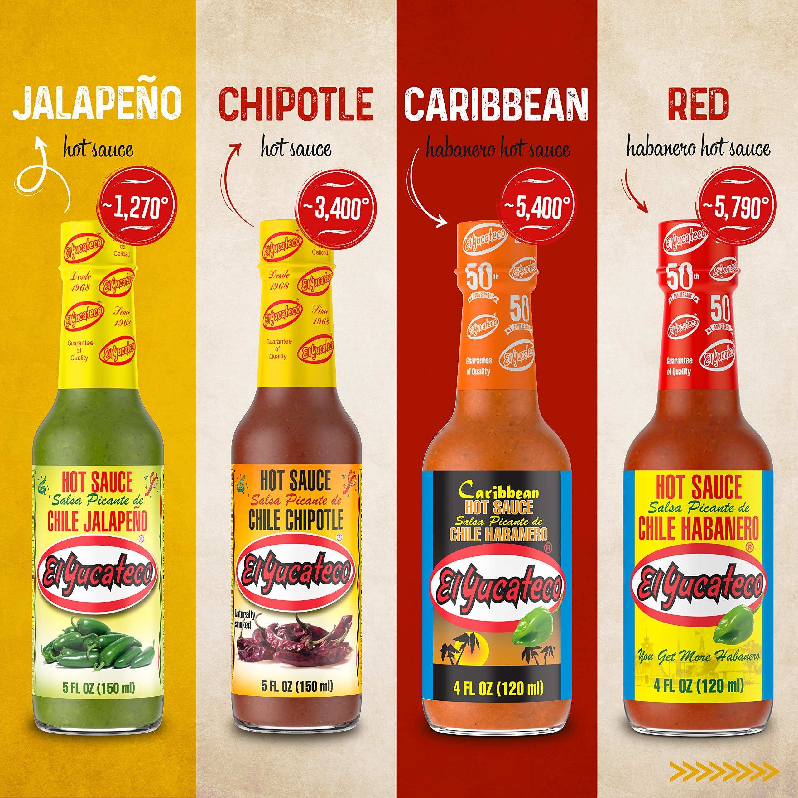 El Yucateco Caribbean Habanero Sauce, 4 Oz., 6 Pack, 7,000 Average Scoville Units, Gluten Free, Sugar Free