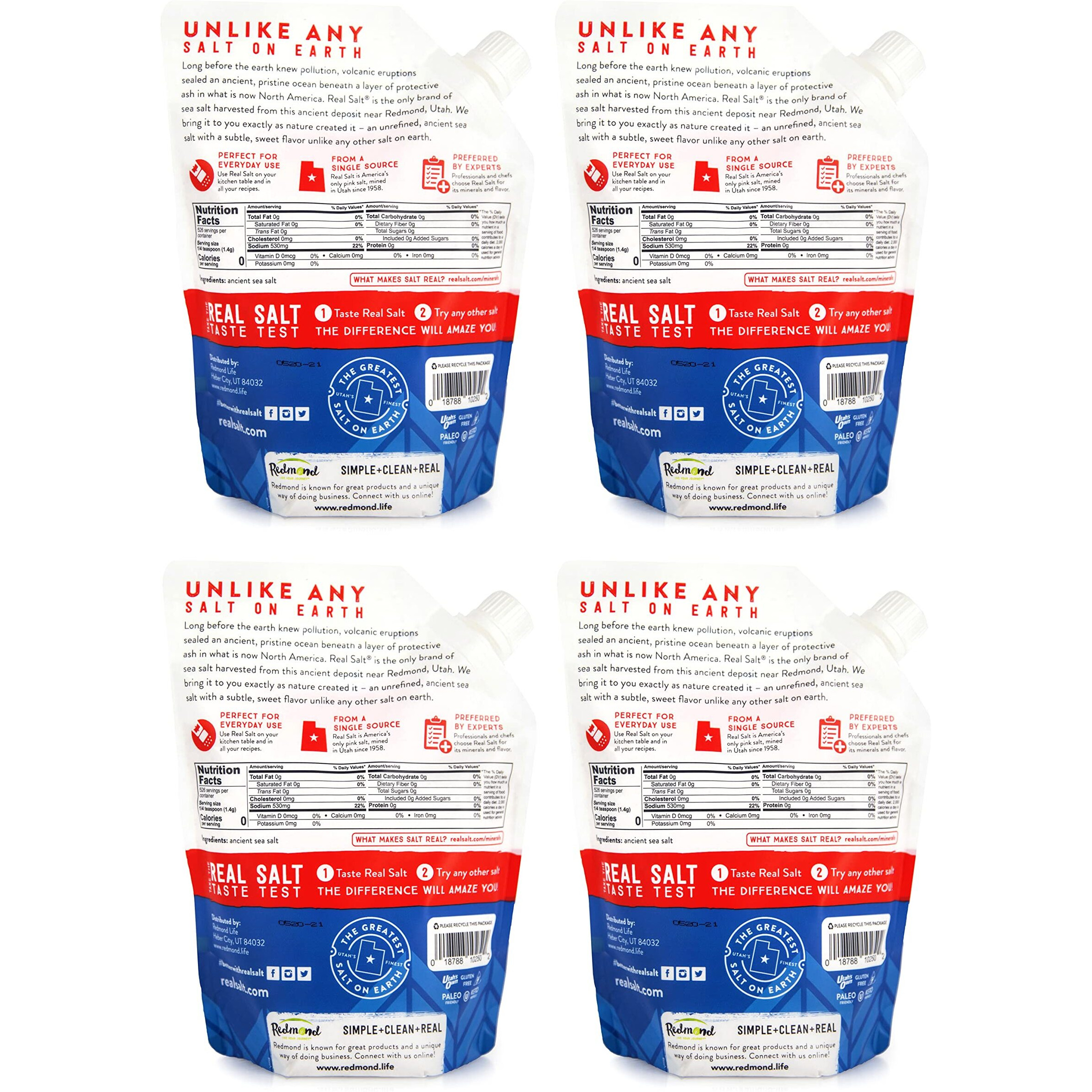 Redmond Real Salt - Ancient Fine Sea Salt, Unrefined Mineral Salt, 26 Ounce Pouch (4 Pack)