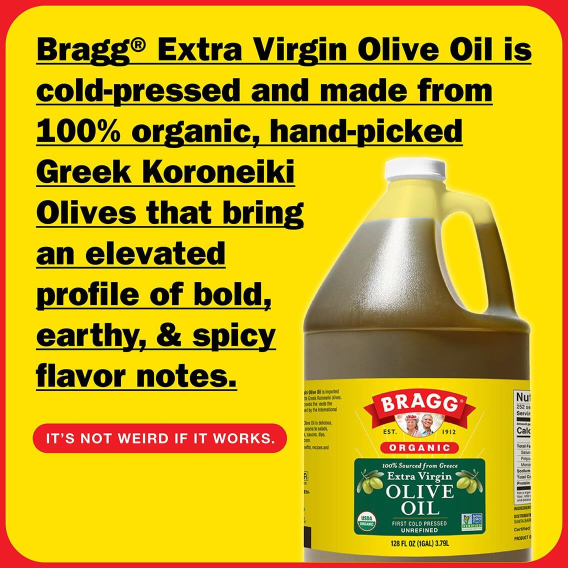 Bragg Organic Extra Virgin Olive Oil - Made With Greek Koroneiki Olives - Cold Pressed Evoo For Marinades & Vinaigrettes - Usda Certified, Non-Gmo, Kosher (128 Ounce)