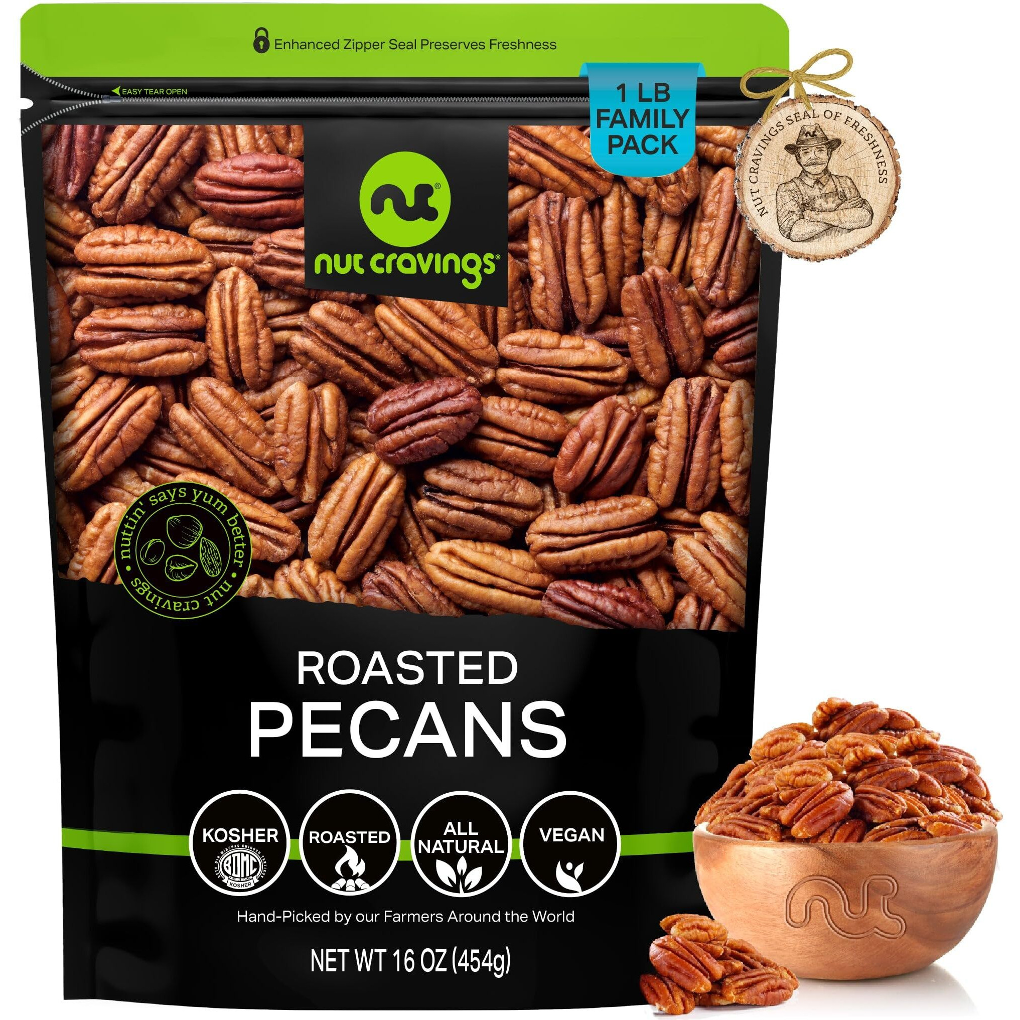Nut Cravings - Pecans Halves, Roasted & Unsalted, No Shell (16Oz - 1 Lb) Bulk Nuts Packed Fresh In Resealable Bag - Healthy Protein Food Snack, All Natural, Keto Friendly, Vegan, Kosher