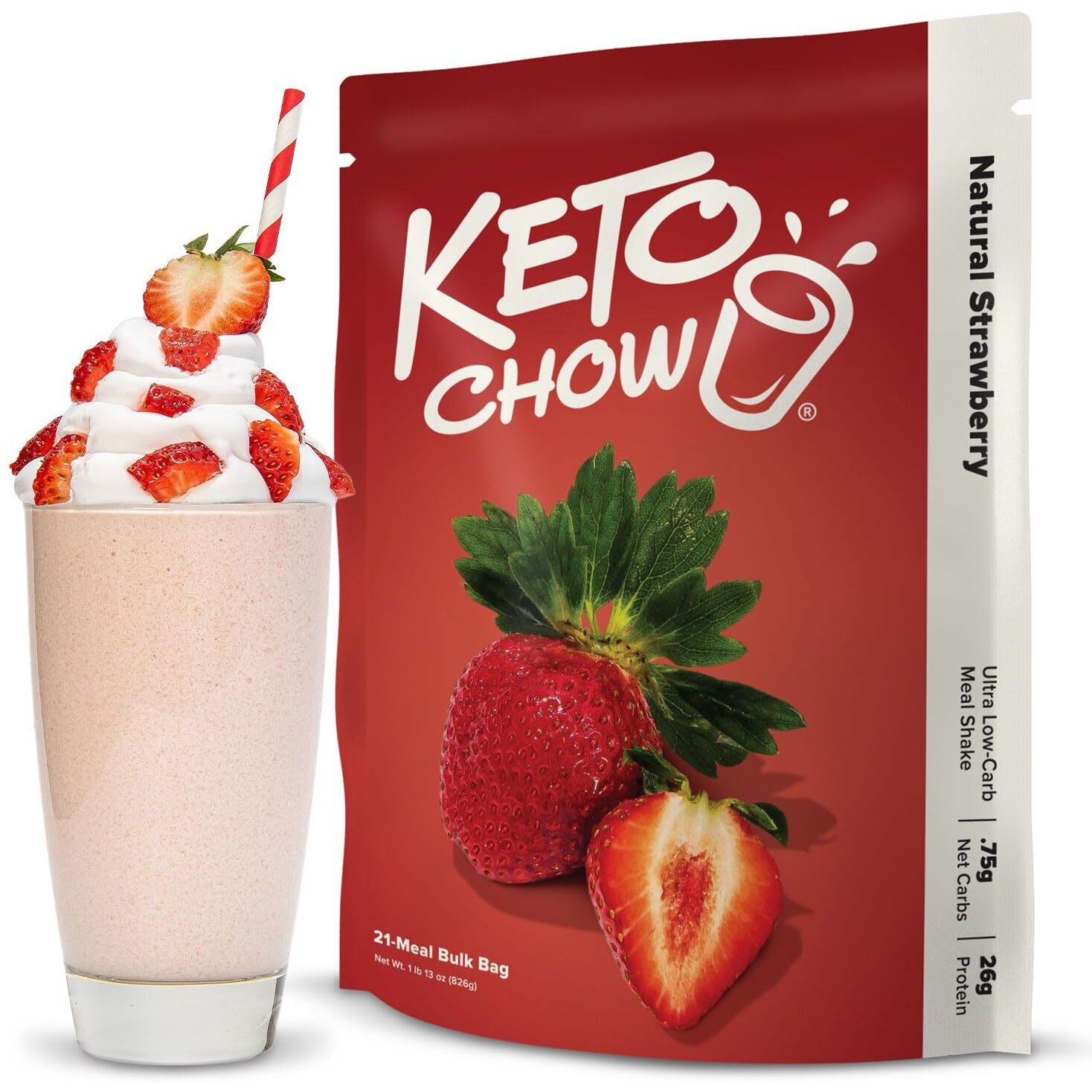 Keto Chow Natural Strawberry | Keto Meal Replacement Shake | Nutritionally Complete | Low Carb | Delicious Easy Meal Substitute | You Choose The Fat | 21 Meal Bulk Pack
