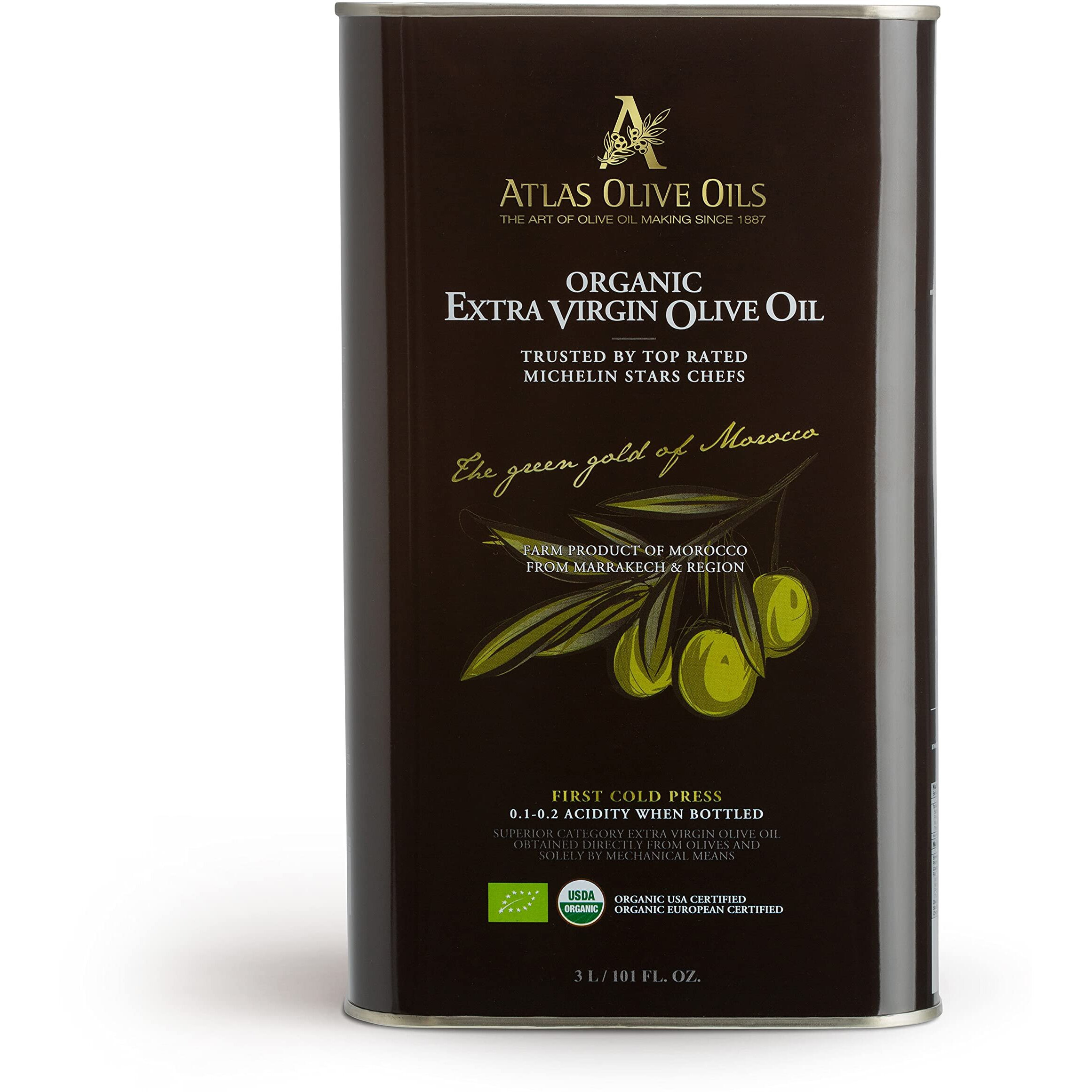 Atlas 3 Lt Organic Cold Press Extra Virgin Olive Oil With Polyphenol Rich From Morocco|Newly Harvested Unprocessed From One Single Family Farm | Moroccan Evoo Trusted By Michelin Star Chefs