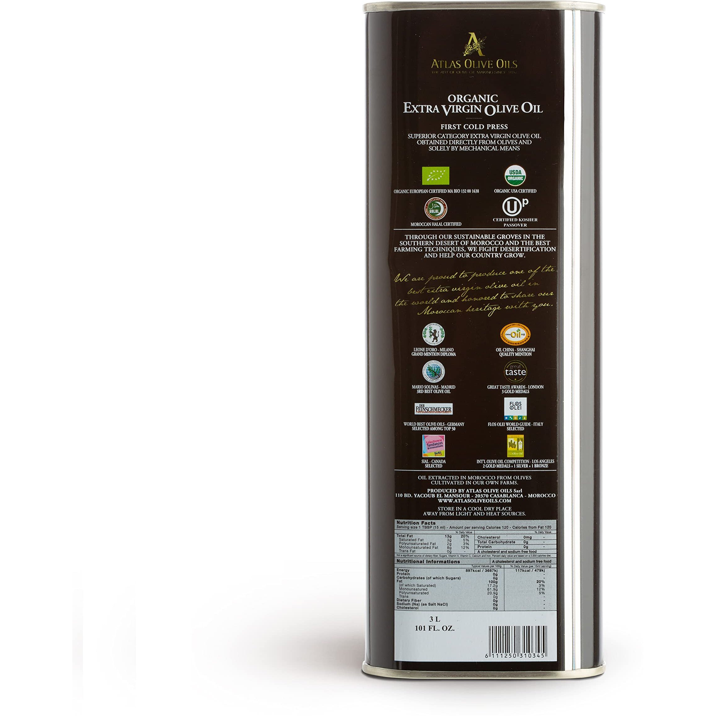 Atlas 3 Lt Organic Cold Press Extra Virgin Olive Oil With Polyphenol Rich From Morocco|Newly Harvested Unprocessed From One Single Family Farm | Moroccan Evoo Trusted By Michelin Star Chefs