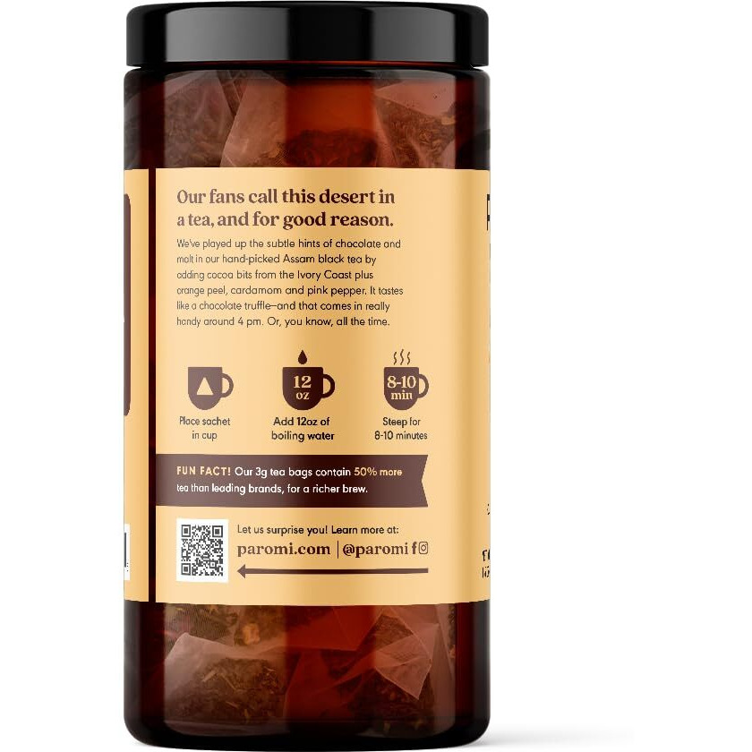 Paromi Chocolate Orange Organic Black Tea, Signature Jar, 15 Count