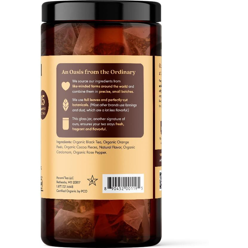 Paromi Chocolate Orange Organic Black Tea, Signature Jar, 15 Count