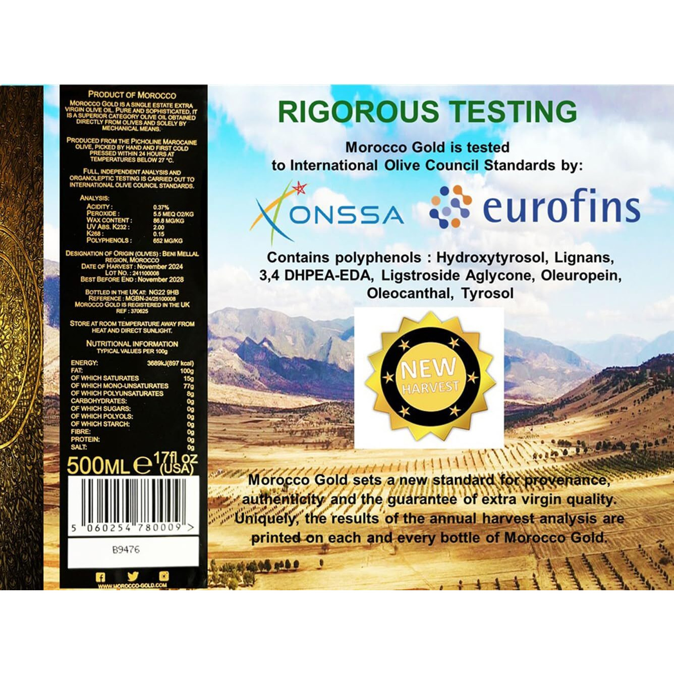Morocco Gold New Harvest Extra Virgin Olive Oil Early Harvest - Cold Pressed - Polyphenol Rich 652Mg/Kg Evoo Fresh Harvest Pure And Natural. 500Ml/17 Fl Oz