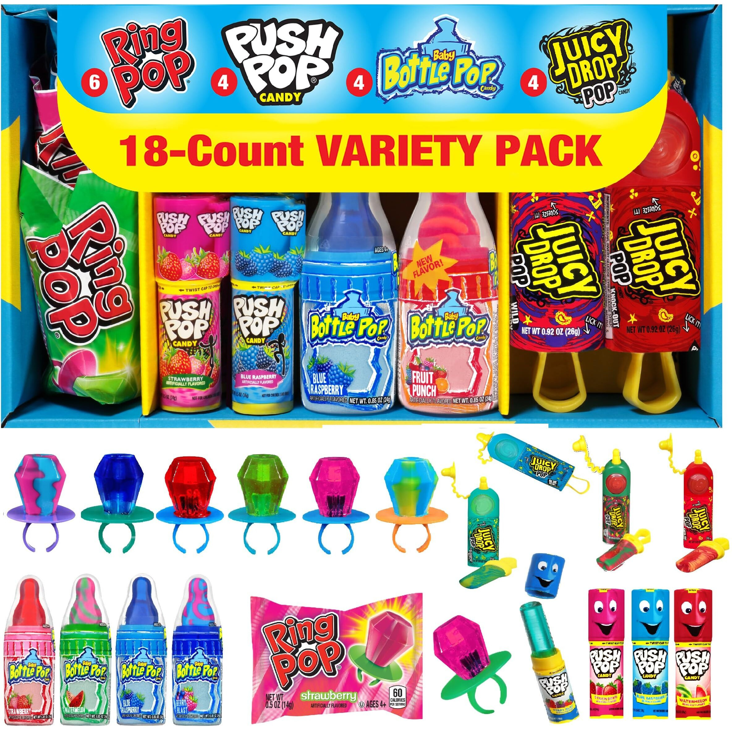 Candy Variety Pack - 18 Count Assorted Lollipops - Ring Pop, Push Pop, Baby Bottle Pop & Juicy Drop - Ideal For Birthdays, Party Favors, Celebrations & Candy Gifts By Bazooka Candy Brands