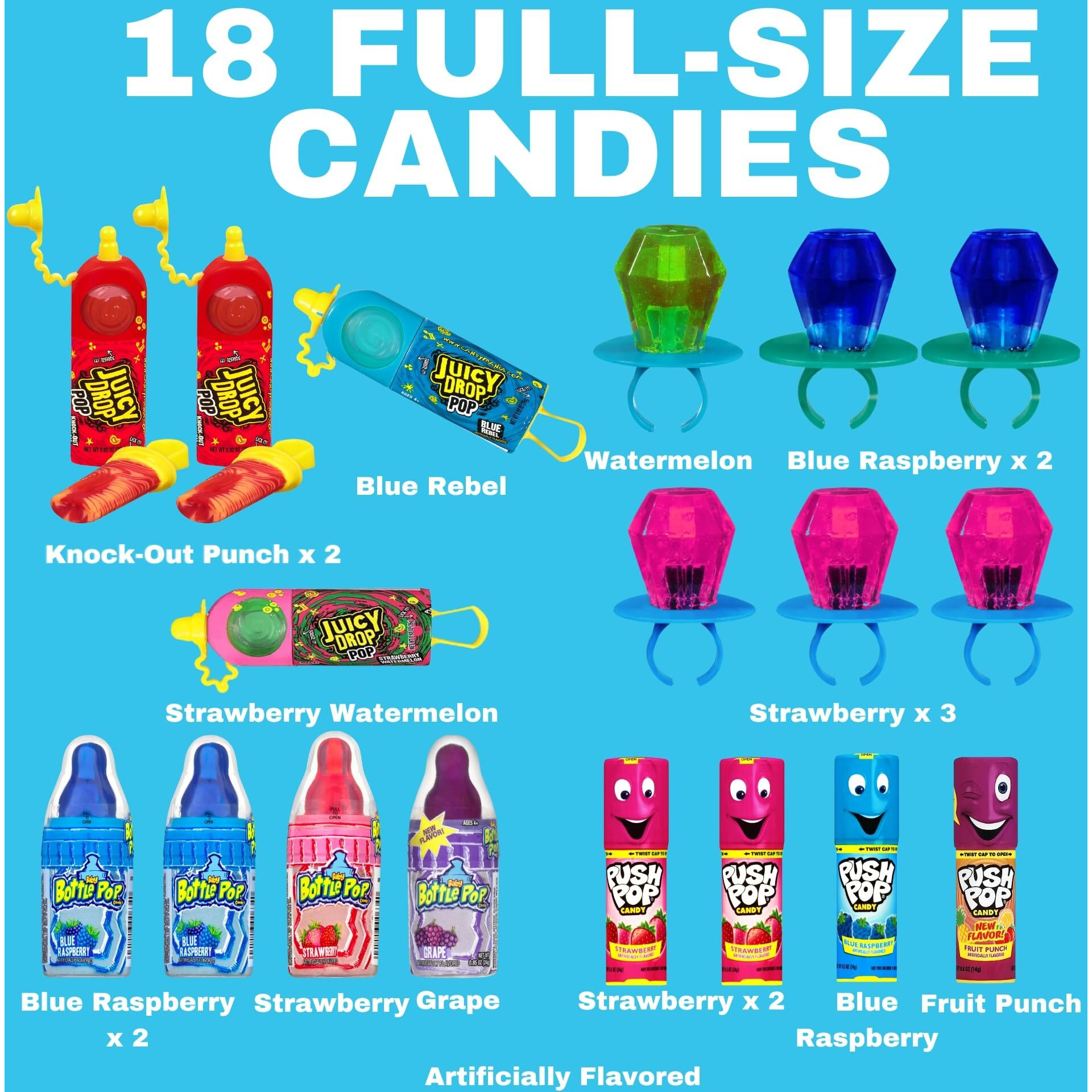 Candy Variety Pack - 18 Count Assorted Lollipops - Ring Pop, Push Pop, Baby Bottle Pop & Juicy Drop - Ideal For Birthdays, Party Favors, Celebrations & Candy Gifts By Bazooka Candy Brands