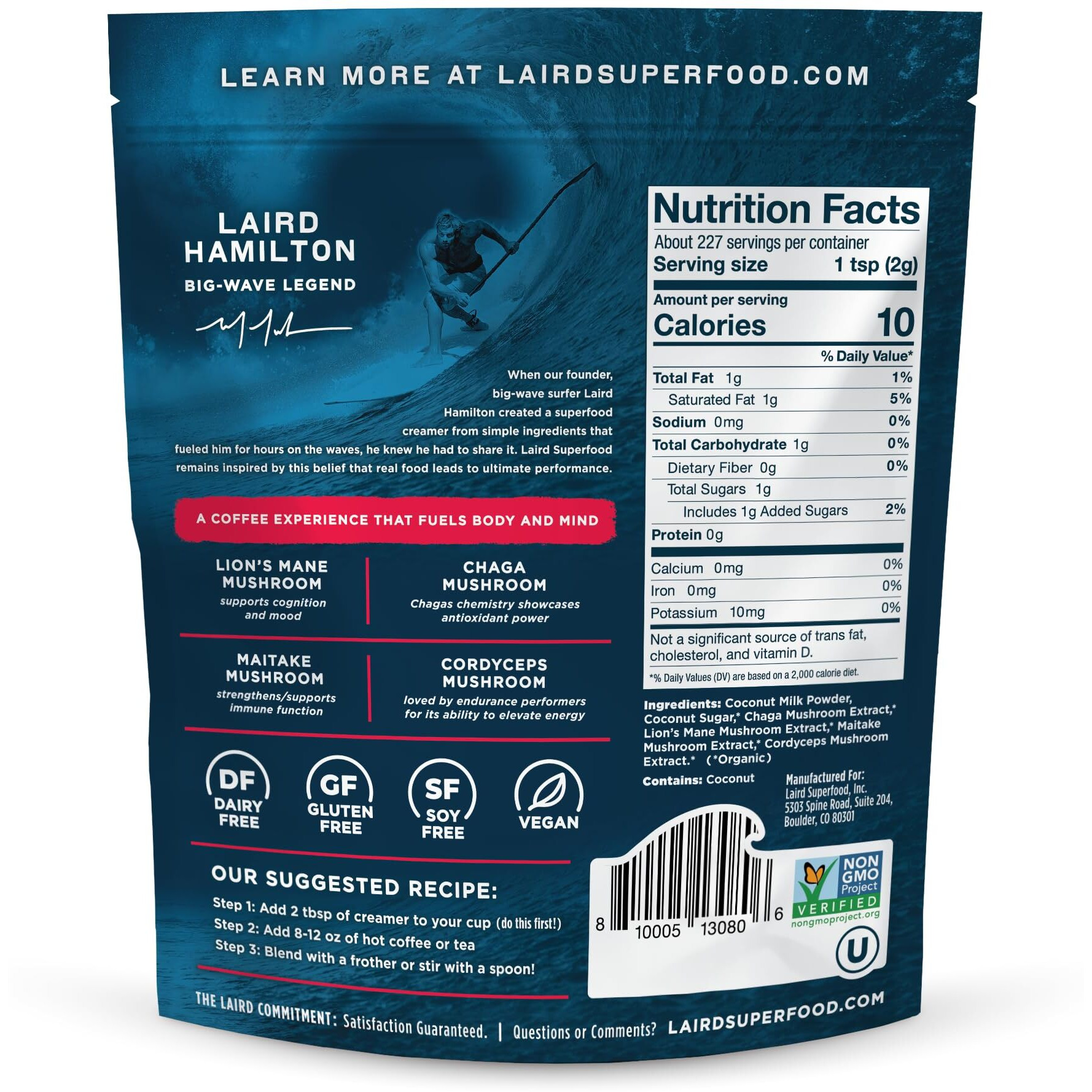 Laird Superfood Non-Dairy Coconut Powder Creamer - Sweet & Creamy + Adaptogens - Superfood Creamer With Functional Mushrooms - Non-Gmo, Vegan, 16 Oz. Bag, Pack Of 1