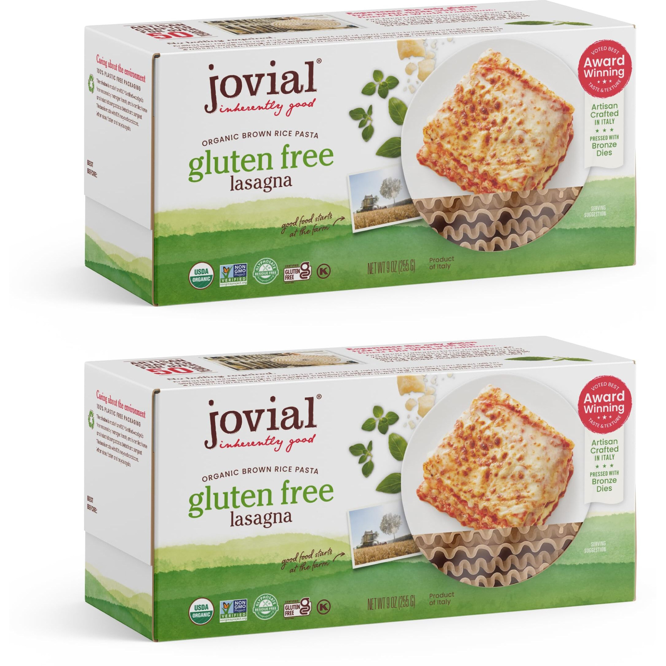 Jovial Gluten Free Lasagna Noodles - Organic Brown Rice Lasagna Pasta, Whole Grain Pasta, Dairy Free, Glyphosate Free, Made In Italy - 9 Oz, 2 Pack