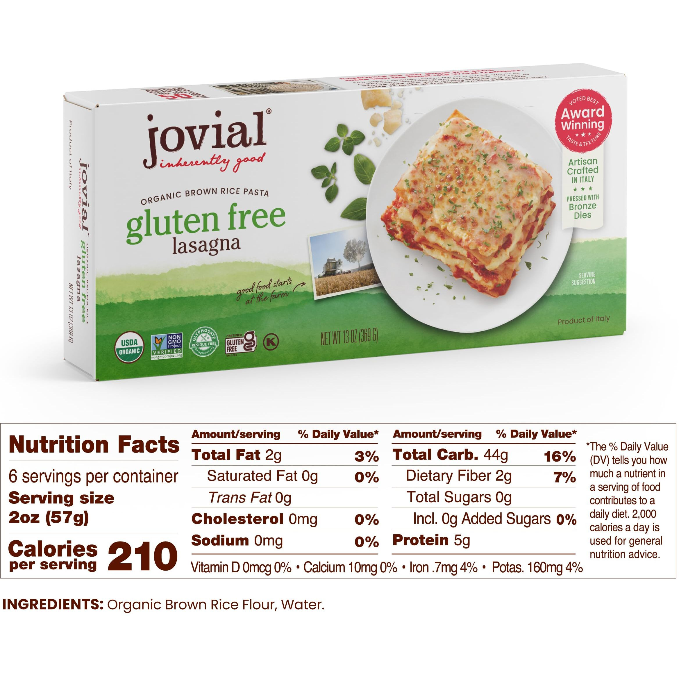 Jovial Gluten Free Lasagna Noodles - Organic Brown Rice Lasagna Pasta, Whole Grain Pasta, Dairy Free, Glyphosate Free, Made In Italy - 9 Oz, 2 Pack
