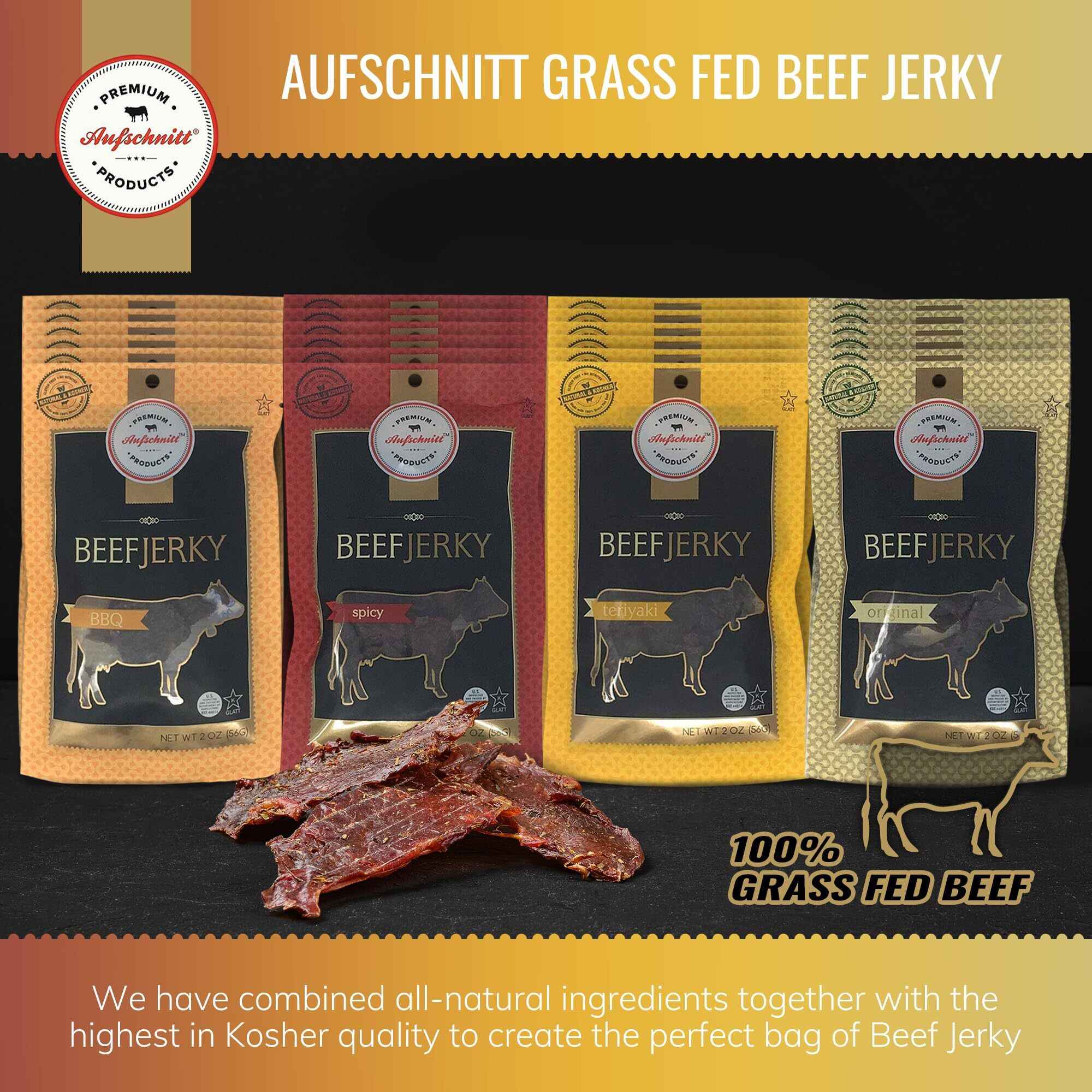 Aufschnitt Grass Fed Beef Jerky - Low Sodium, Certified Kosher - Made In Usa - Keto & Halal Friendly - 24 Pack, Variety Pack