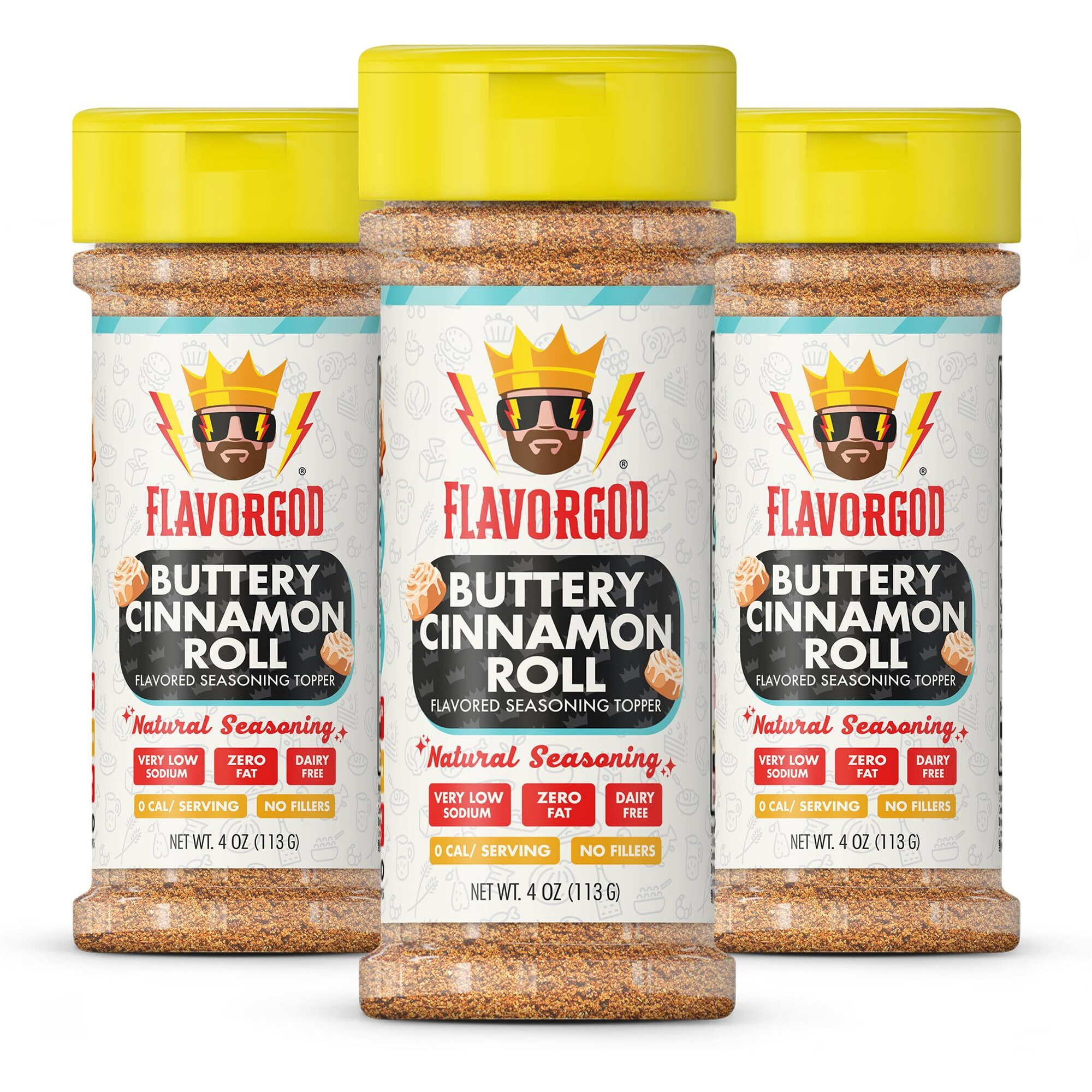 Flavor God Buttery Cinnamon Roll Topper Mix Pack Of 3, Natural Healthy Topper For Donuts Bread Oatmeal Pancakes Sandwiches, Fruit Ice Cream Cookies Coffee Kosher Low Sodium Gluten Dairy Free Seasoning