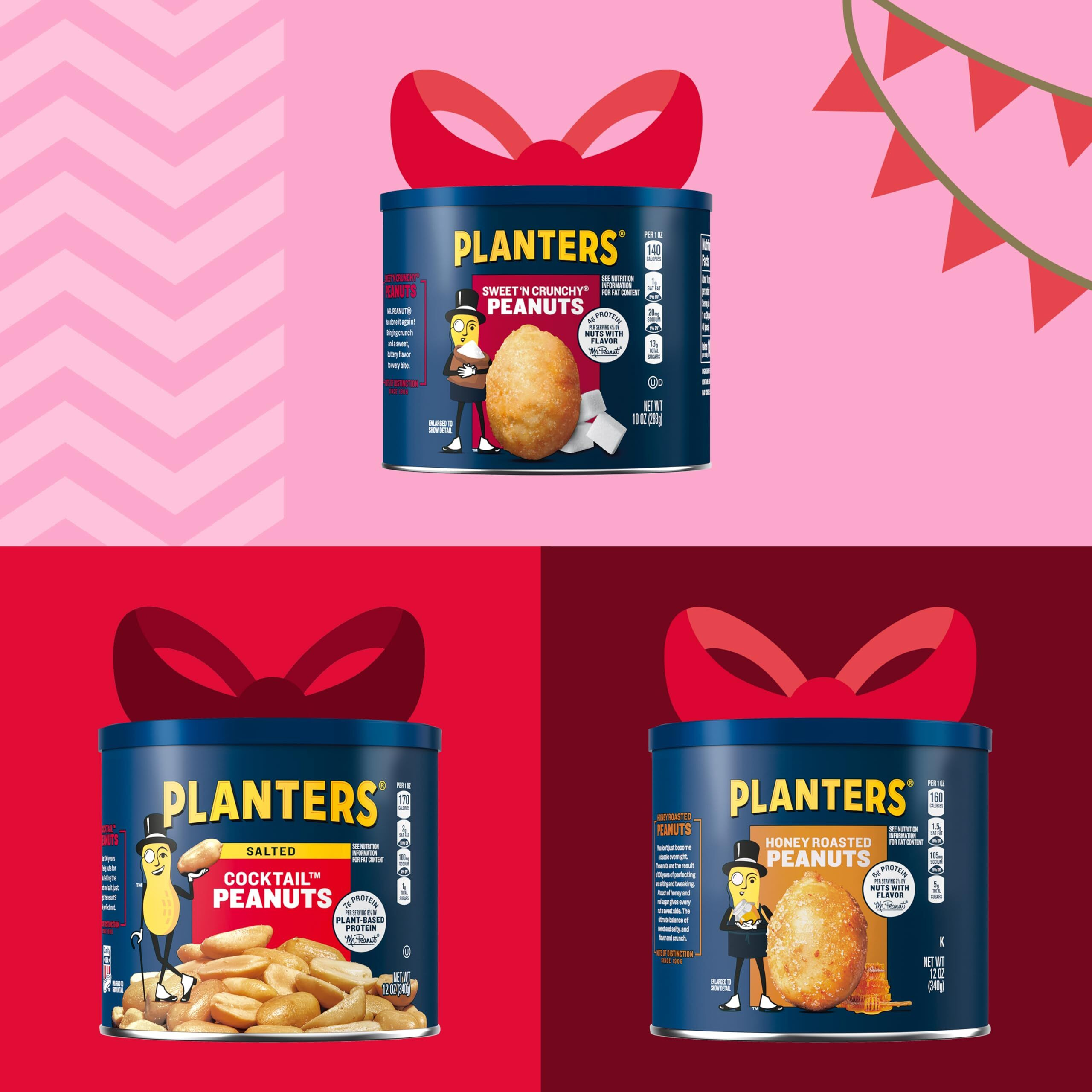Planters Peanuts Holiday Trio Pack - Snacks Variety Pack For Adults With Sweet N Crunchy, Honey Roasted, And Cocktail Peanuts (3 Count Canisters)